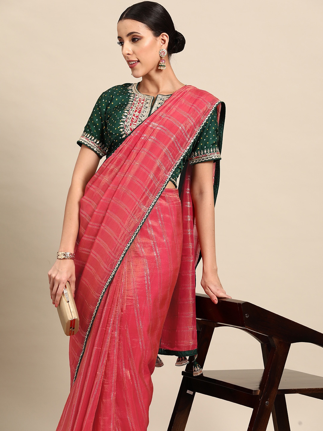 

Simaaya Striped Zari Tissue Saree, Red