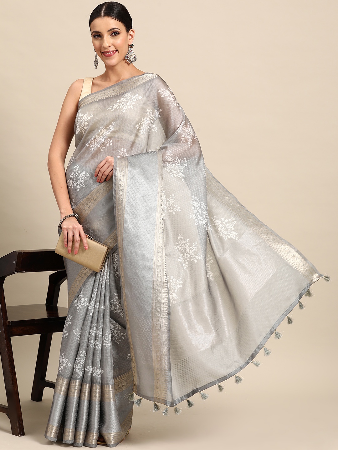 

Simaaya Floral Zari Kota Saree, Grey