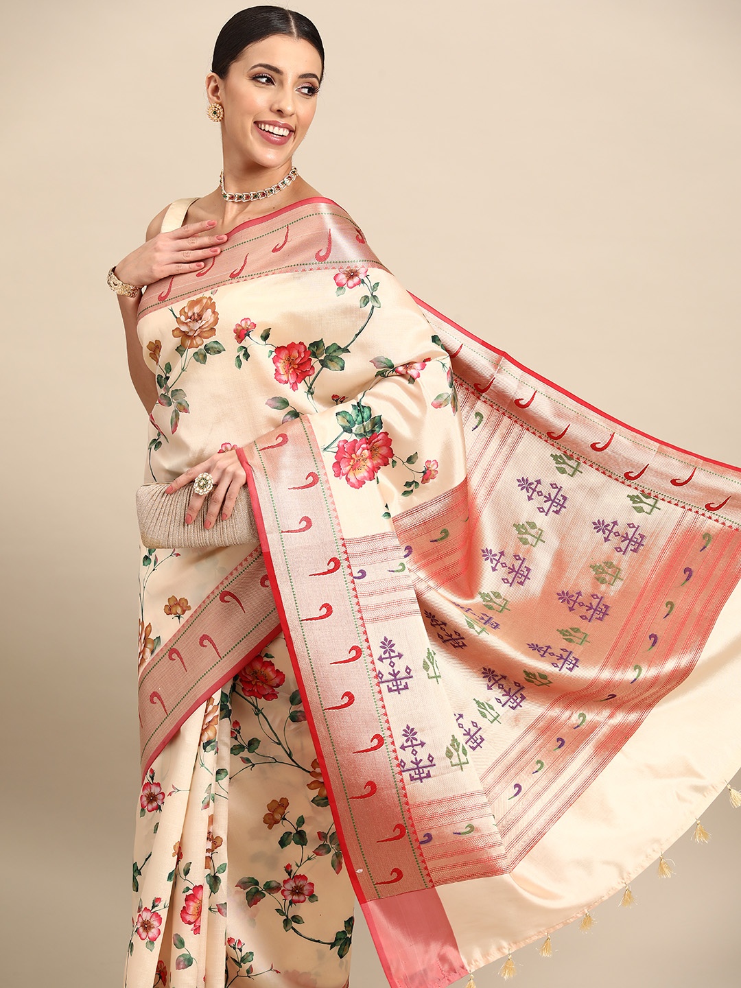 

Simaaya Floral Printed Zari Saree, Off white