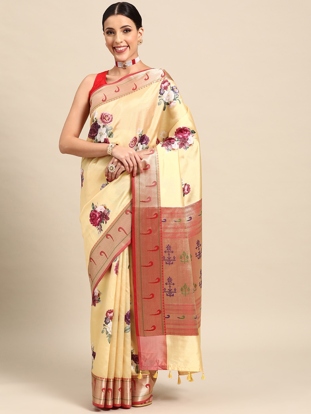 

Simaaya Floral Printed Zari Saree, Yellow