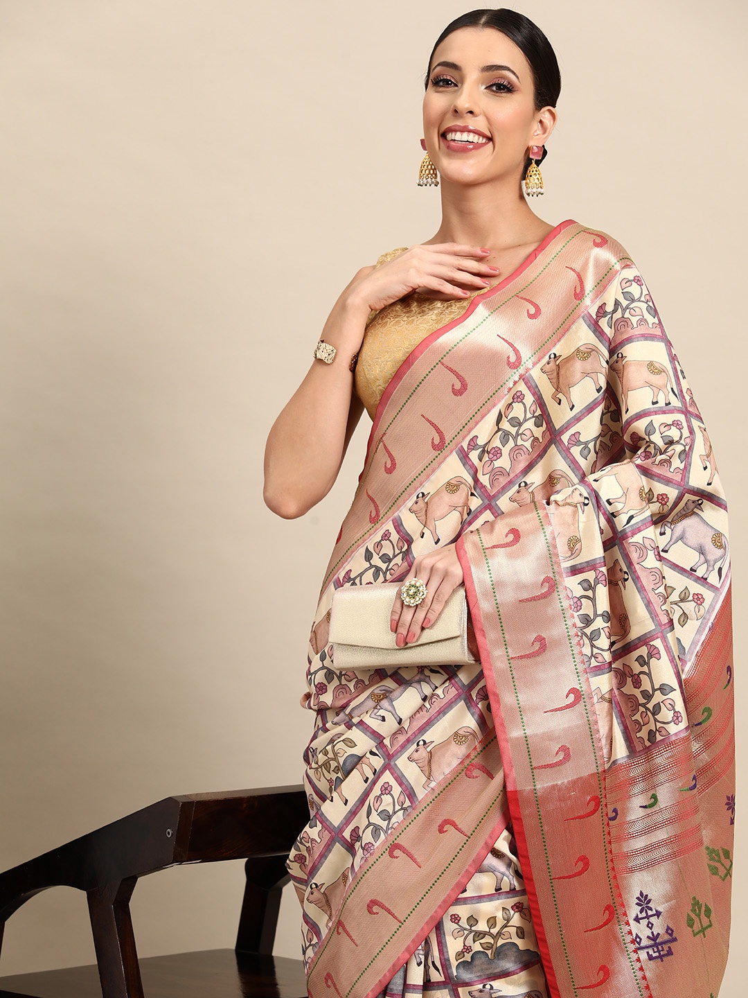 

Simaaya Ethnic Motifs Printed Zari Saree, Off white