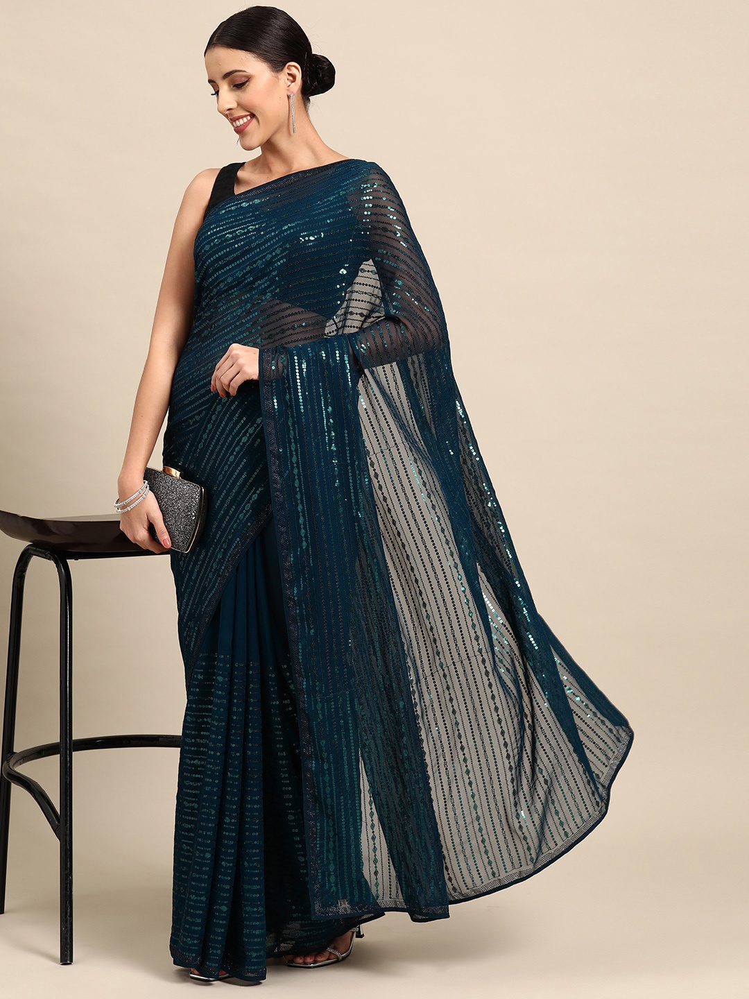 

Simaaya Embellished Embroidered Sequinned Pure Georgette Saree, Teal