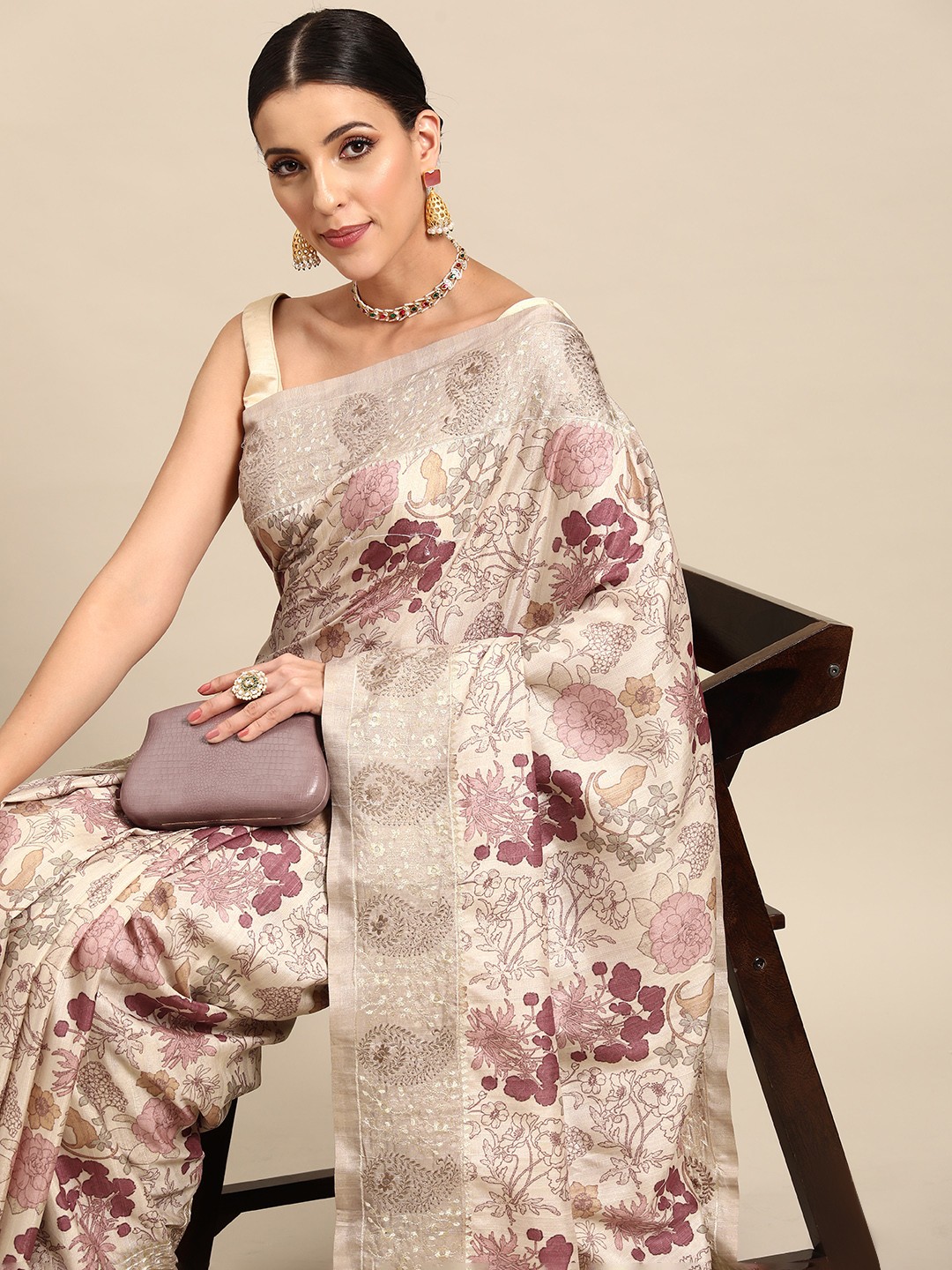 

Simaaya Floral Printed Embroidered Saree, Beige