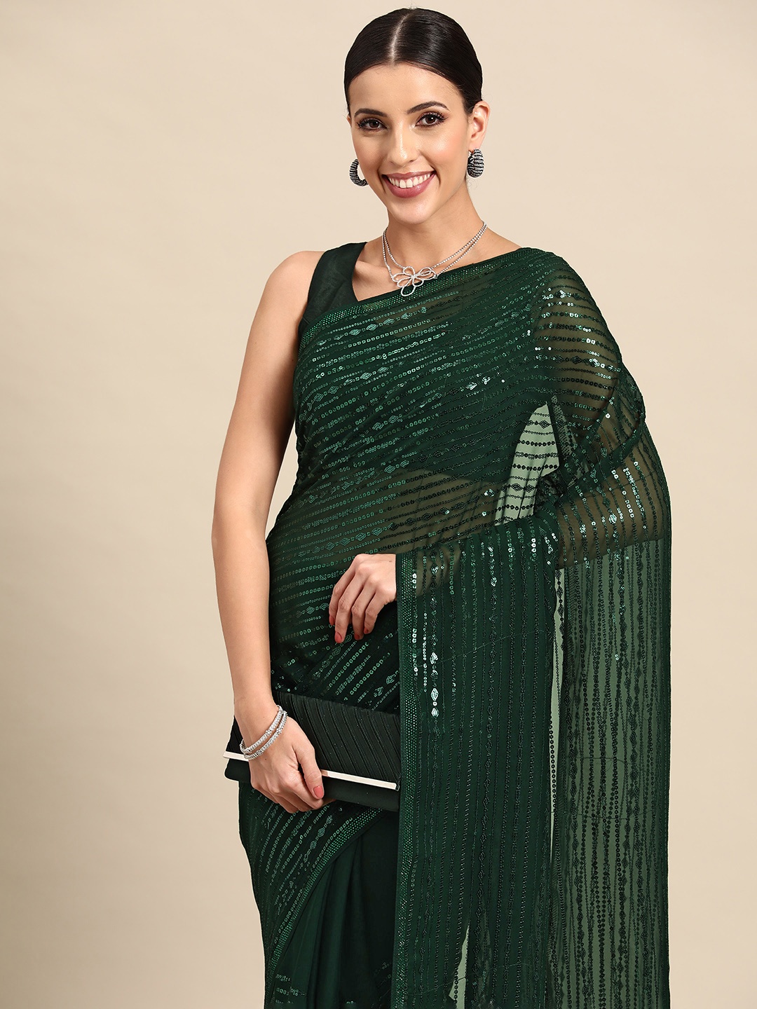 

Simaaya Embellished Embroidered Sequinned Pure Georgette Saree, Green