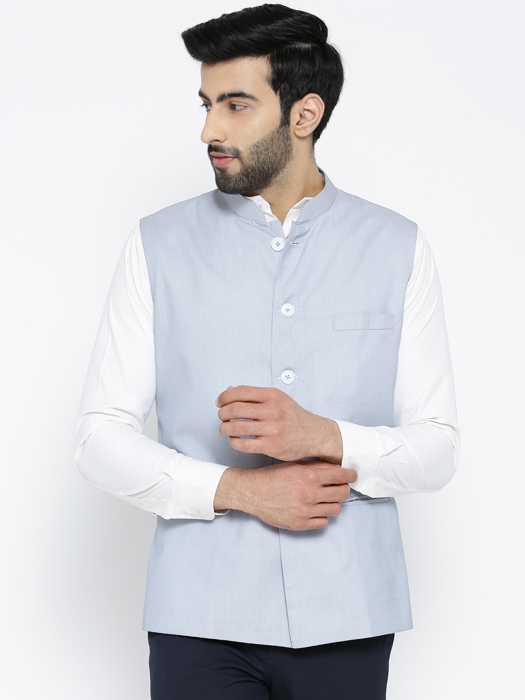 

Shaftesbury London White & Blue Patterned Nehru Jacket