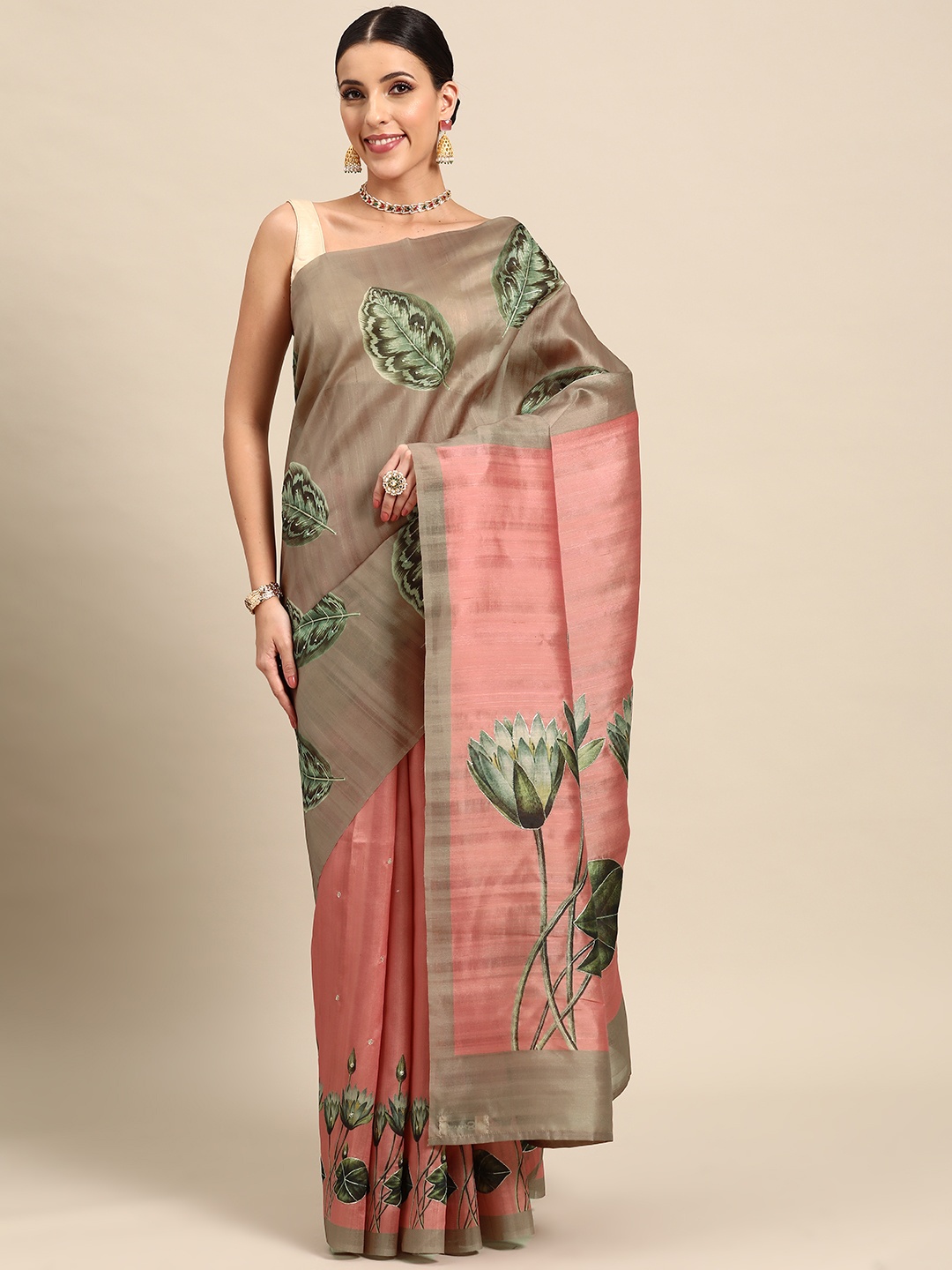 

Simaaya Floral Printed Tussar Saree, Brown