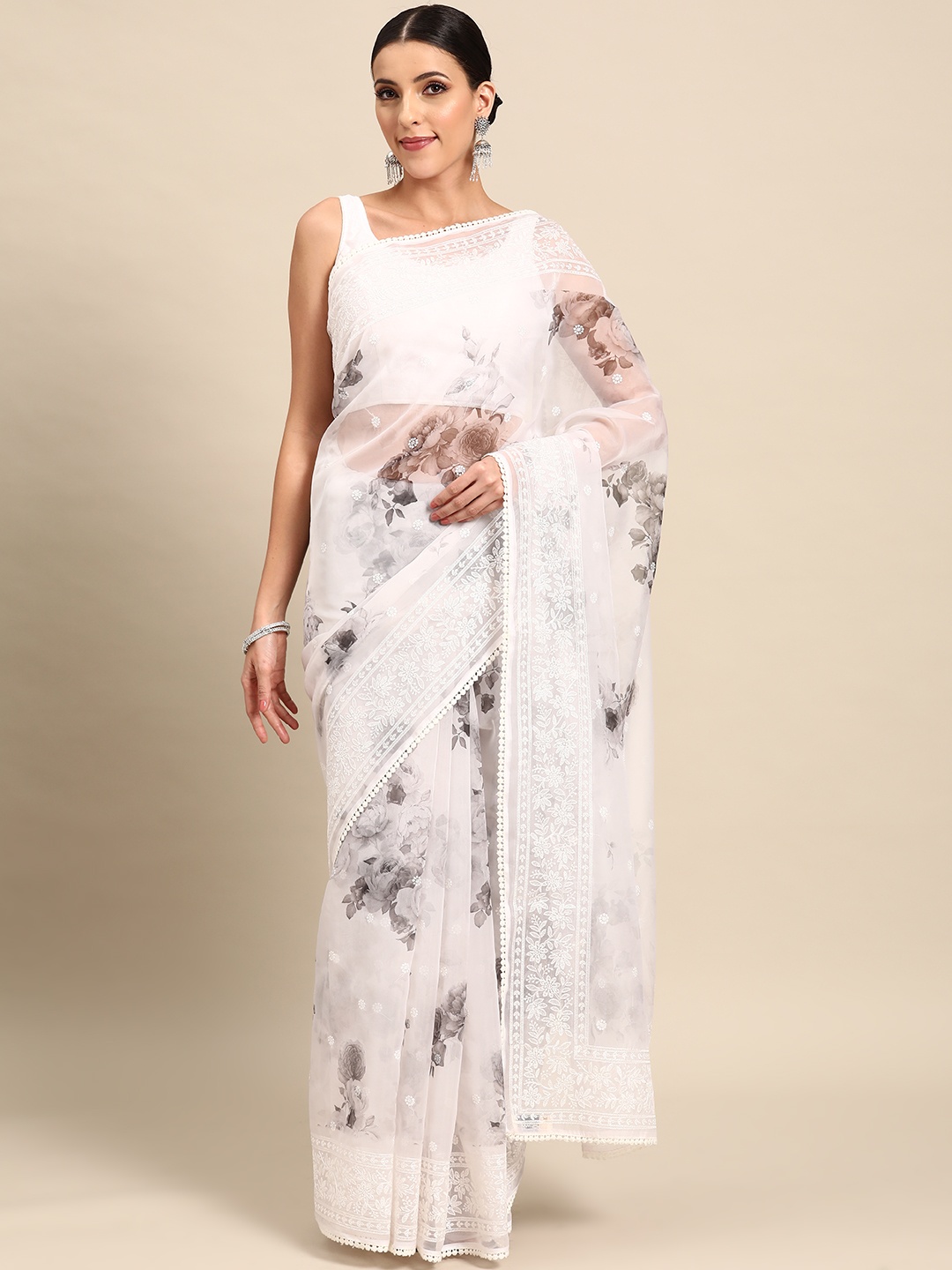 

Simaaya Floral Printed Embroidered Organza Saree, Grey