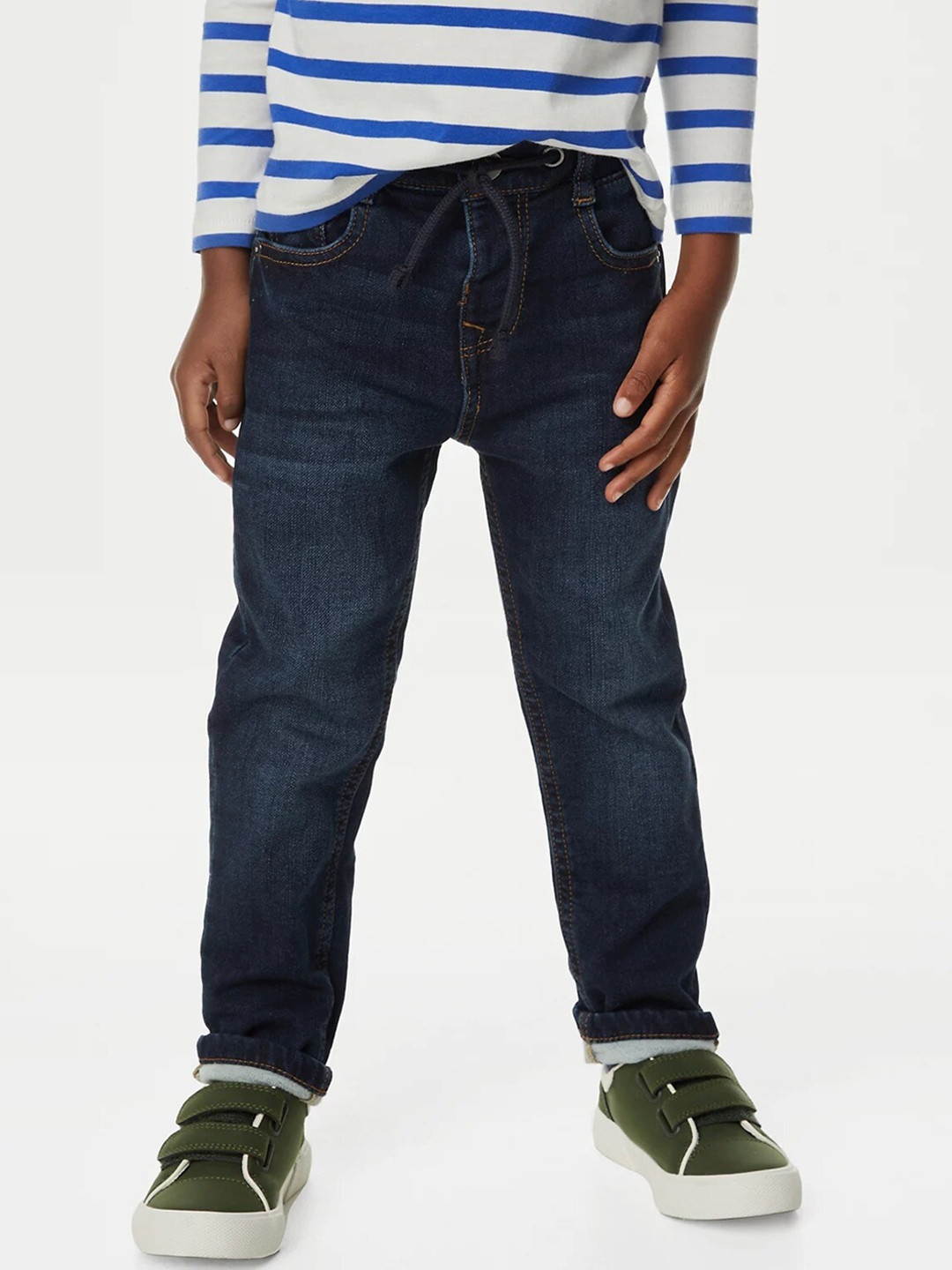

Marks & Spencer Boys Mid-Rise Dark Shade Light Fade Clean Look Stretchable Jeans, Navy blue