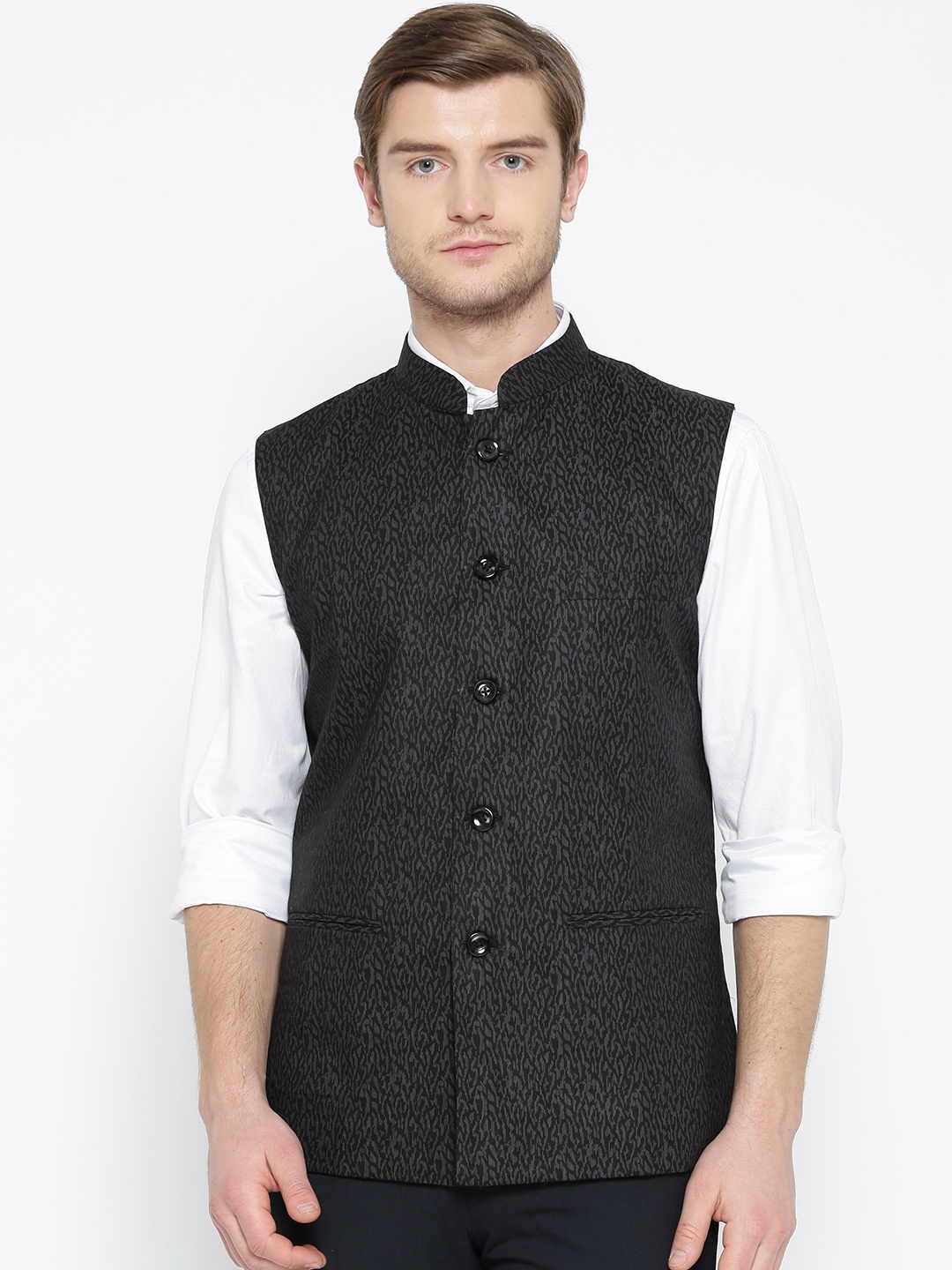 

Shaftesbury London Black Printed Nehru Jacket