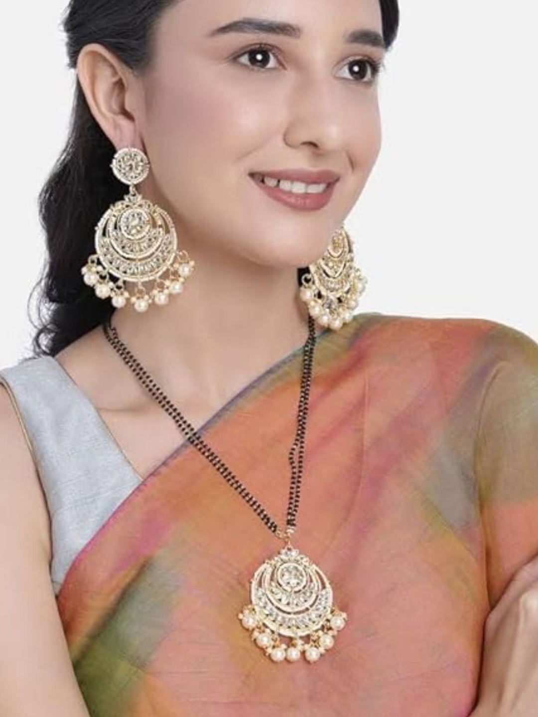 

I Jewels Gold-Plated Kundan Studded & Beaded Mangalsutra With Earrings