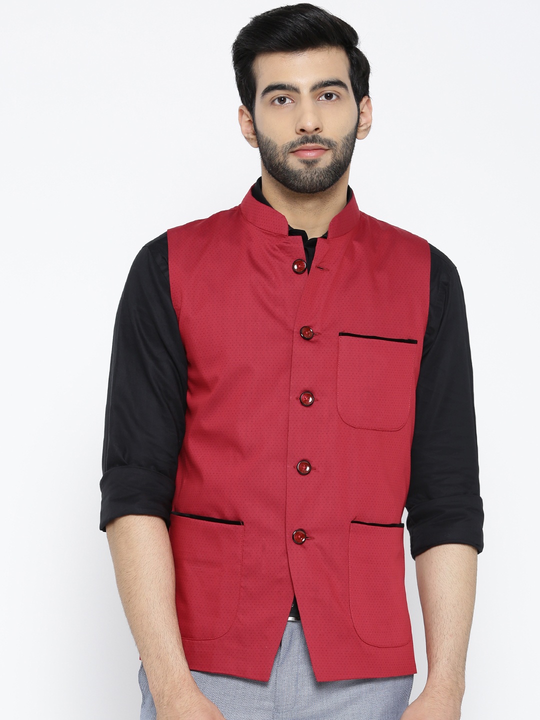 

Shaftesbury London Red Self-Design Nehru Jacket