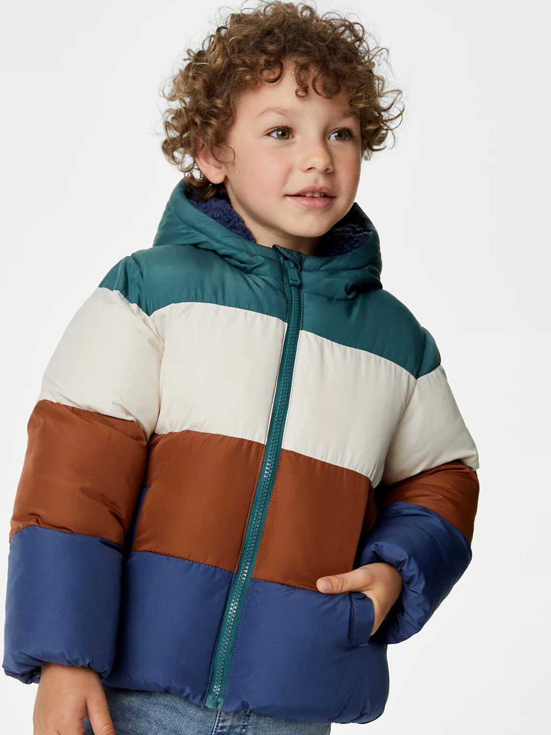

Marks & Spencer Boys Colourblocked Hooded Lightweight Puffer Jacket, Blue
