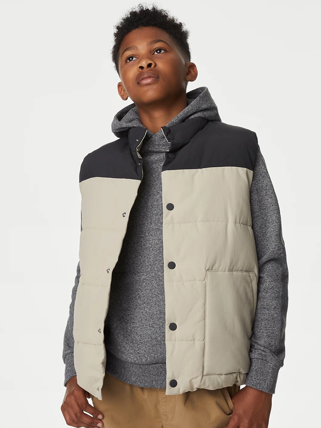 

Marks & Spencer Boys Colourblocked Stand Collar Lightweight Padded Jacket, Beige