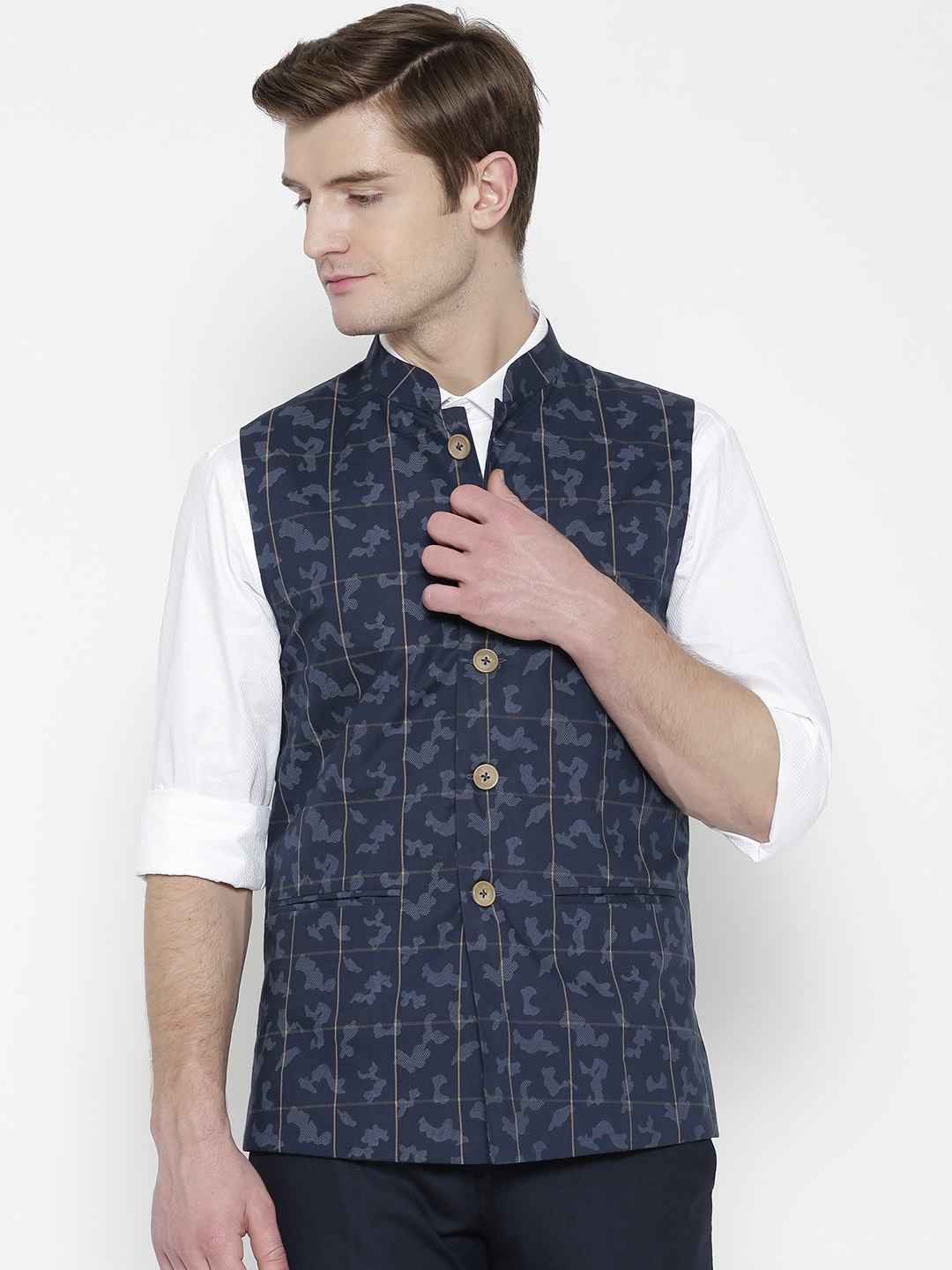

Shaftesbury London Navy Printed Nehru Jacket, Navy blue