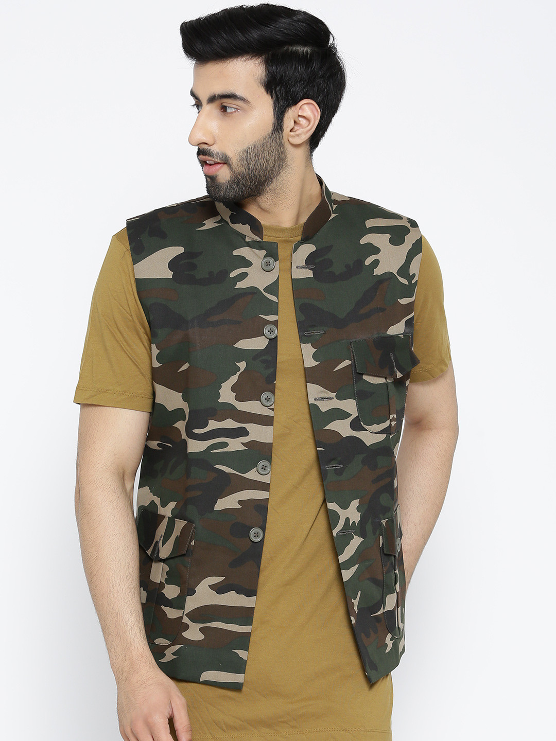 

Shaftesbury London Olive Green & Brown Camouflage Print Nehru Jacket