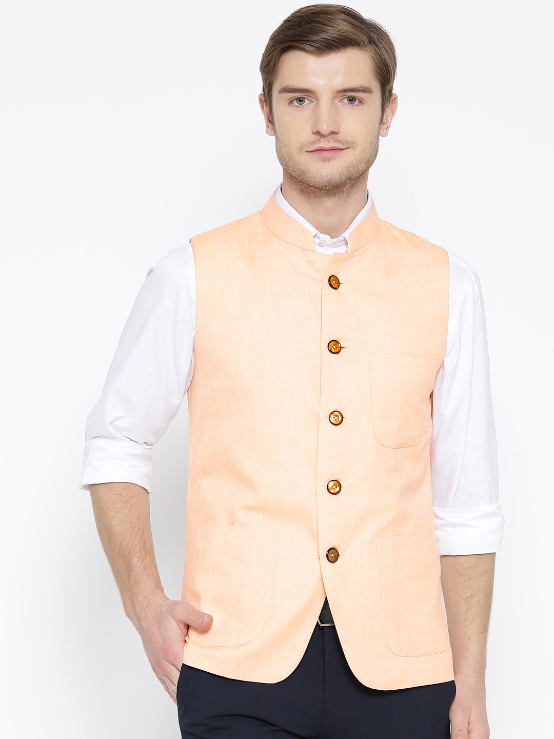 

Shaftesbury London Peach-Coloured Pure Cotton Nehru Jacket