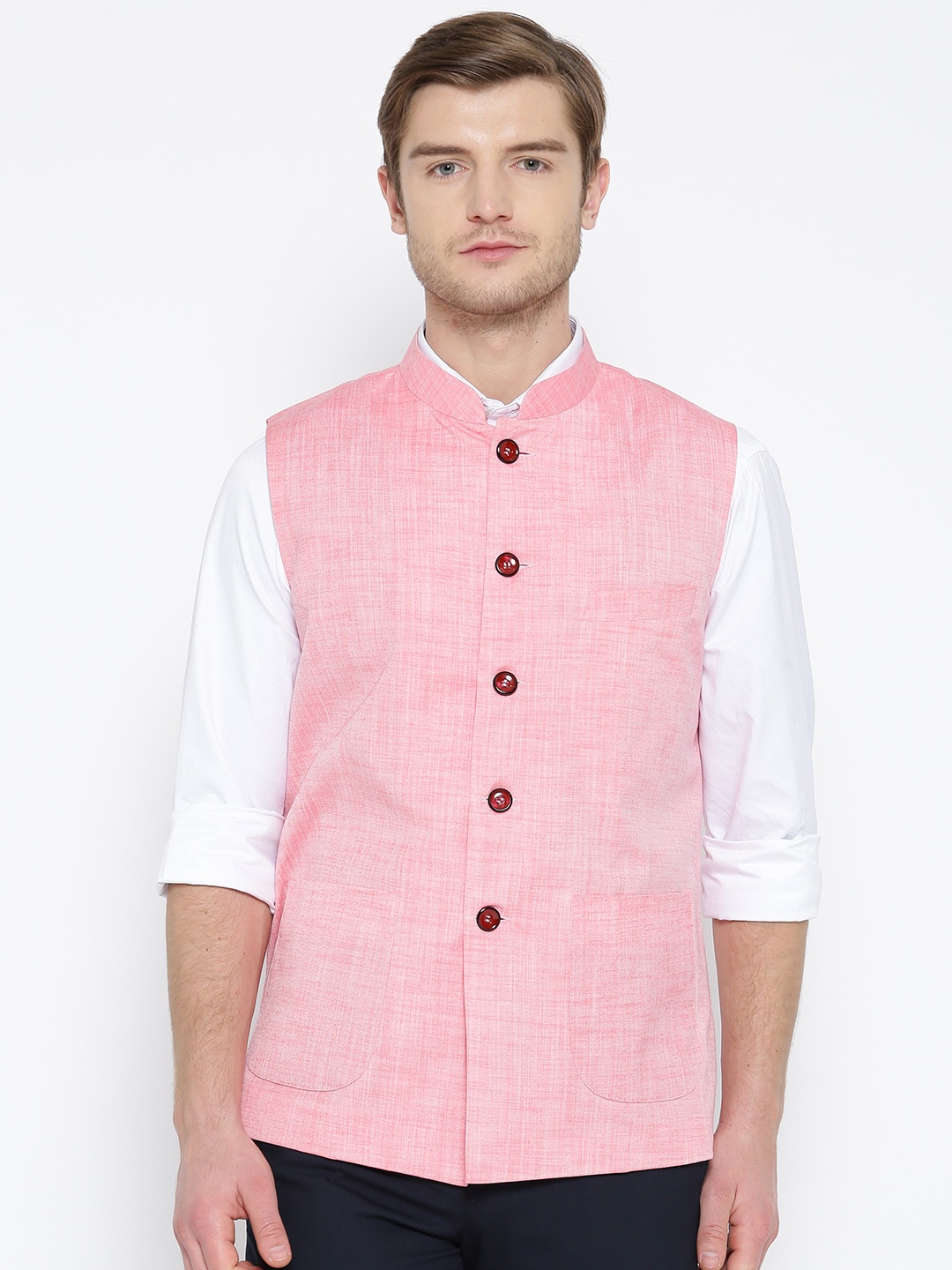 

Shaftesbury London Pink Solid Nehru Jacket