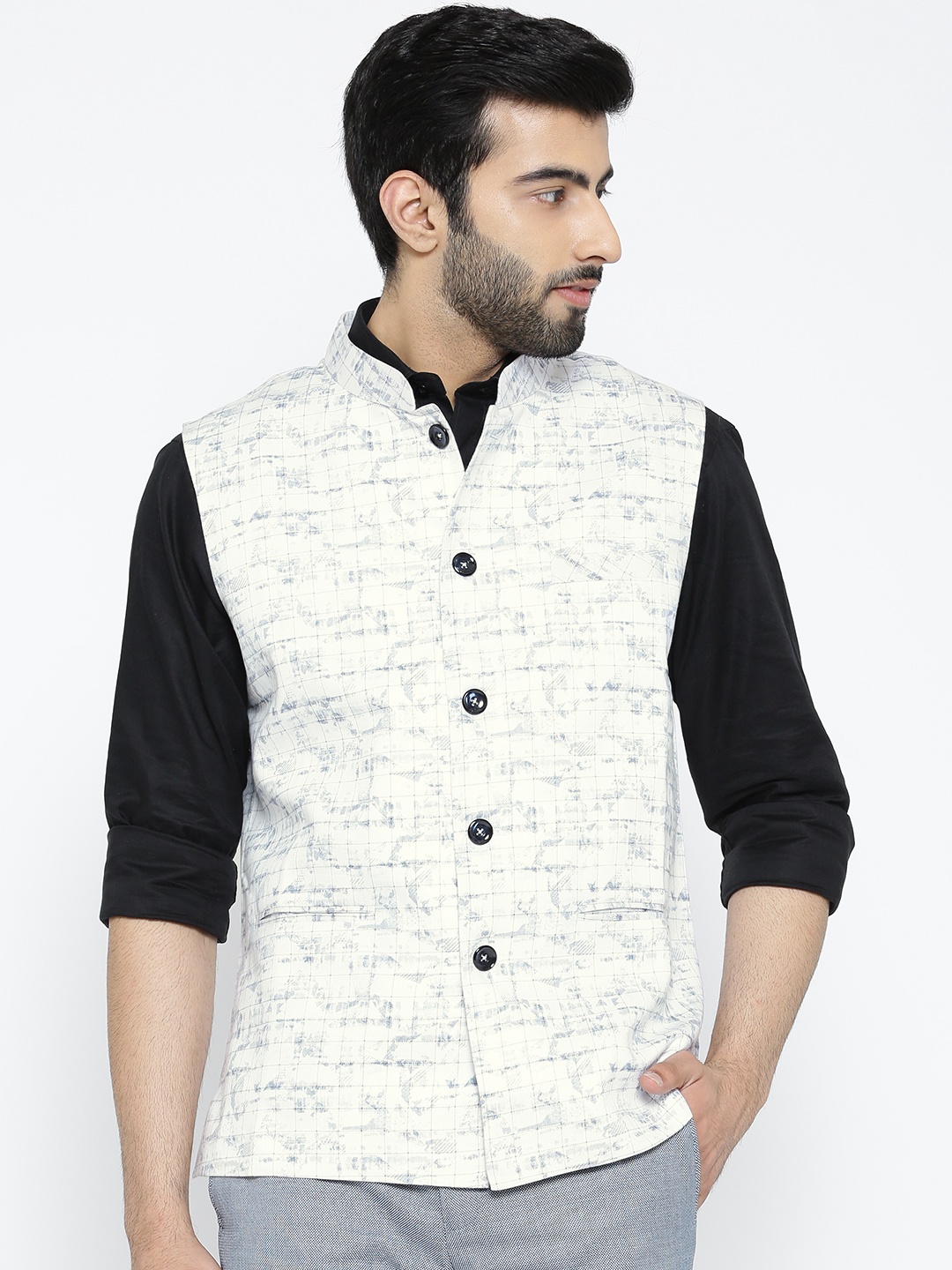 

Shaftesbury London White & Navy Checked Pure Cotton Nehru Jacket