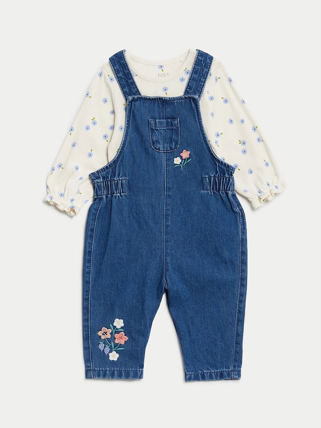 

Marks & Spencer Embroidered Pure Cotton Dungaree With Bodysuit, Blue