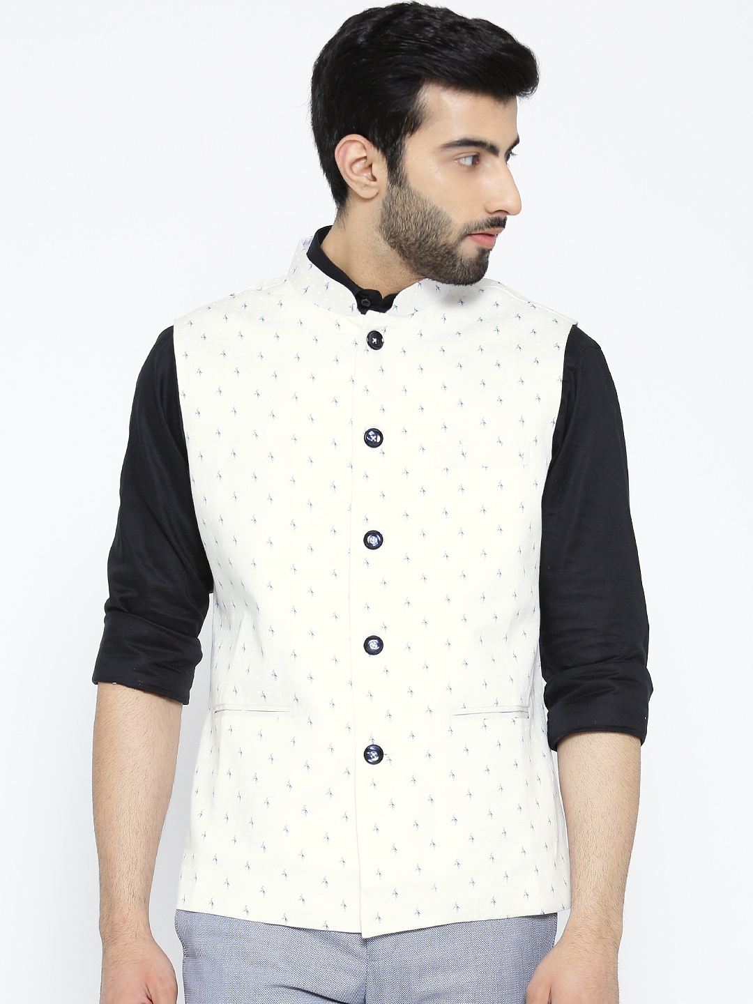 

Shaftesbury London White Printed Nehru Jacket