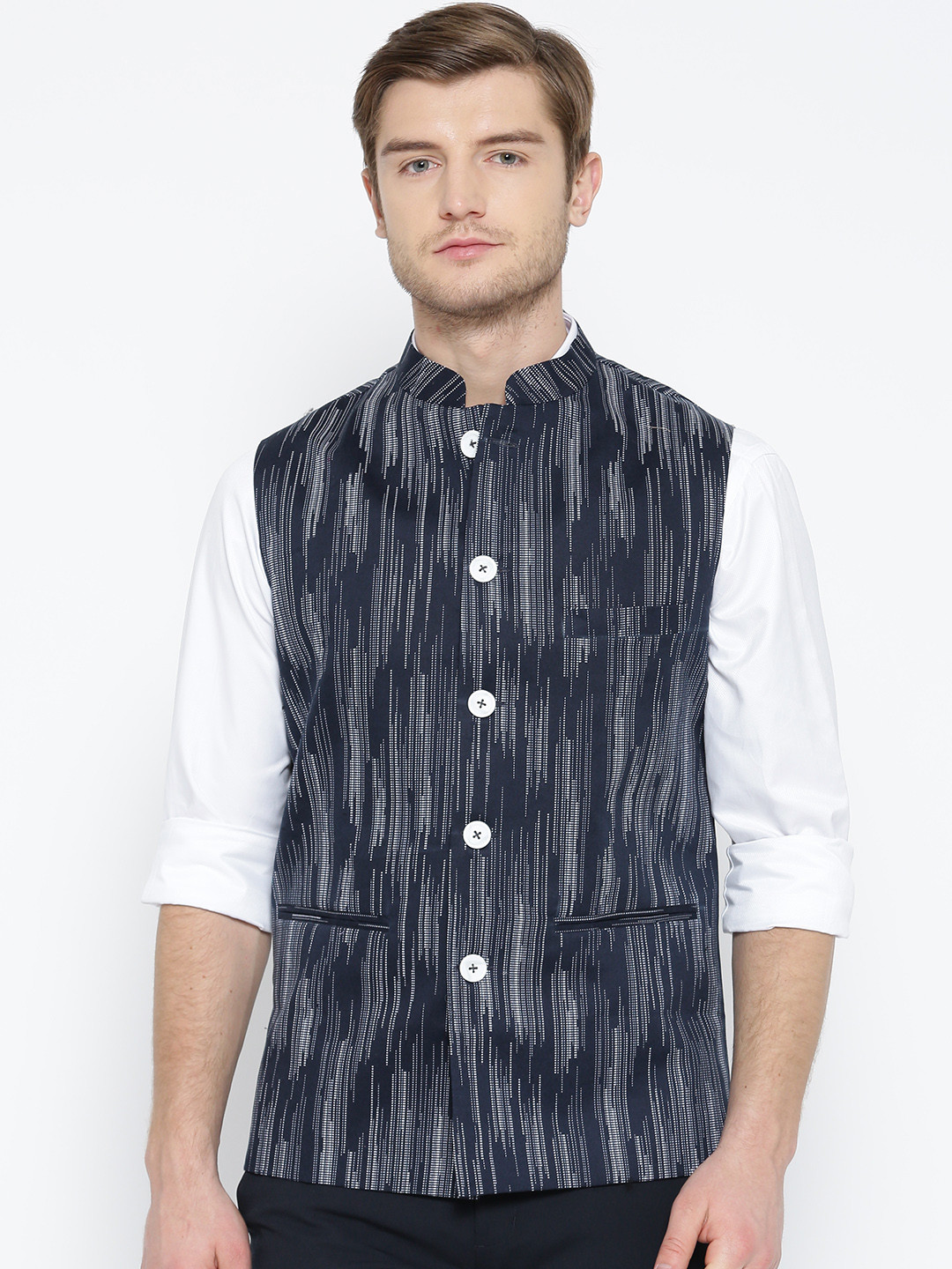 

Shaftesbury London Navy Printed Nehru Jacket, Navy blue