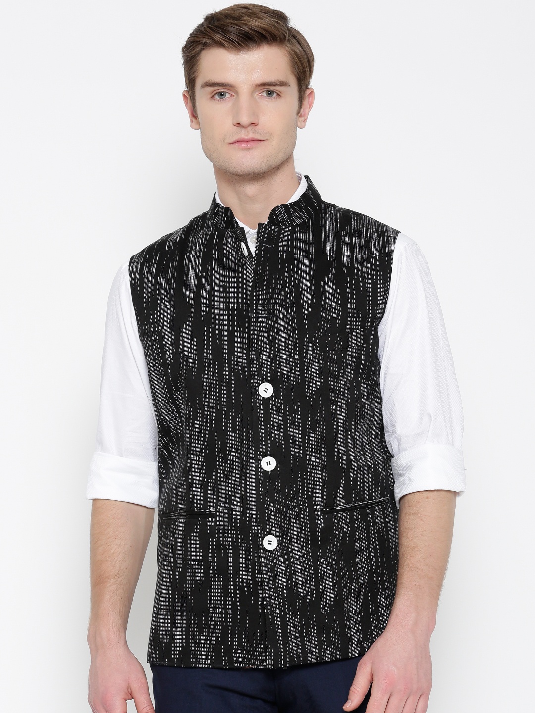 

Shaftesbury London Black & White Printed Nehru Jacket