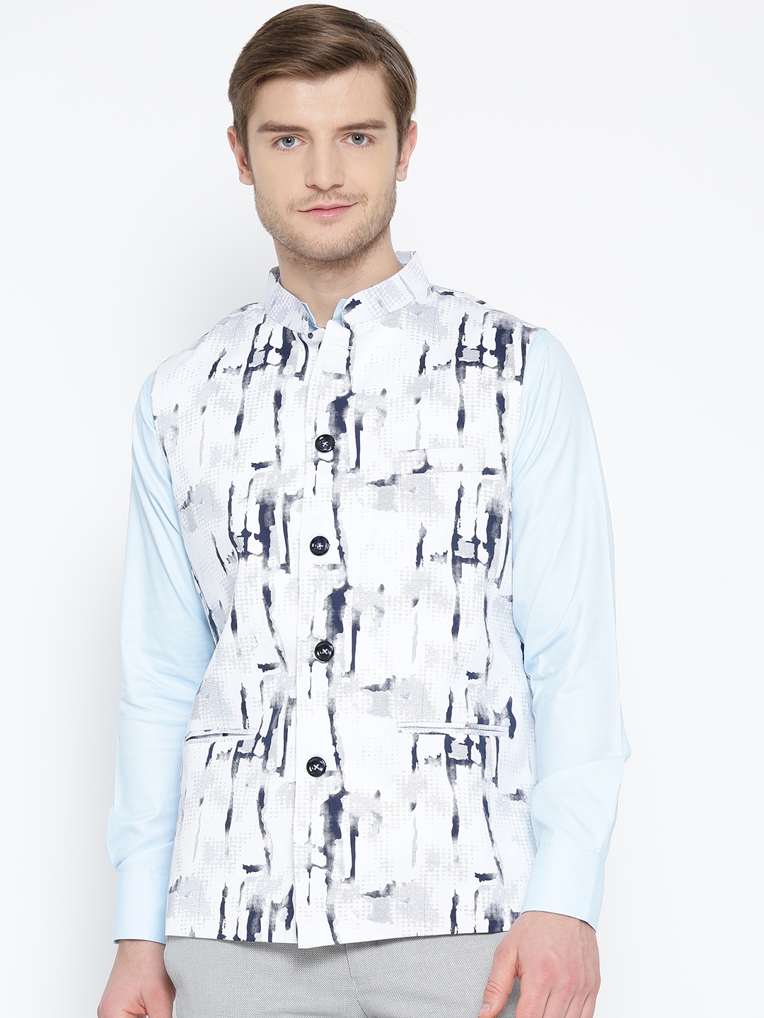 

Shaftesbury London White & Navy Printed Nehru Jacket