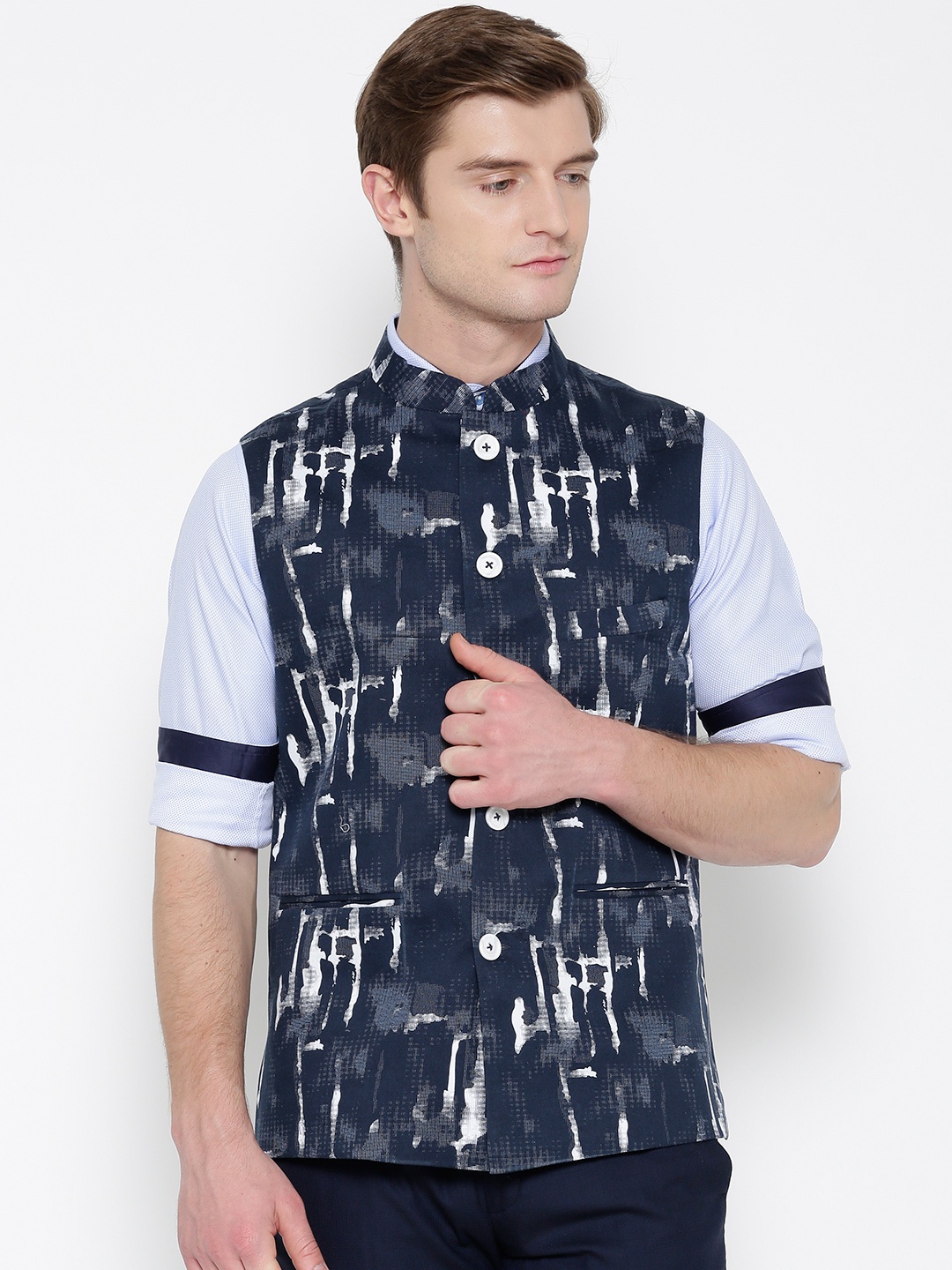 

Shaftesbury London Navy & White Printed Nehru Jacket, Navy blue