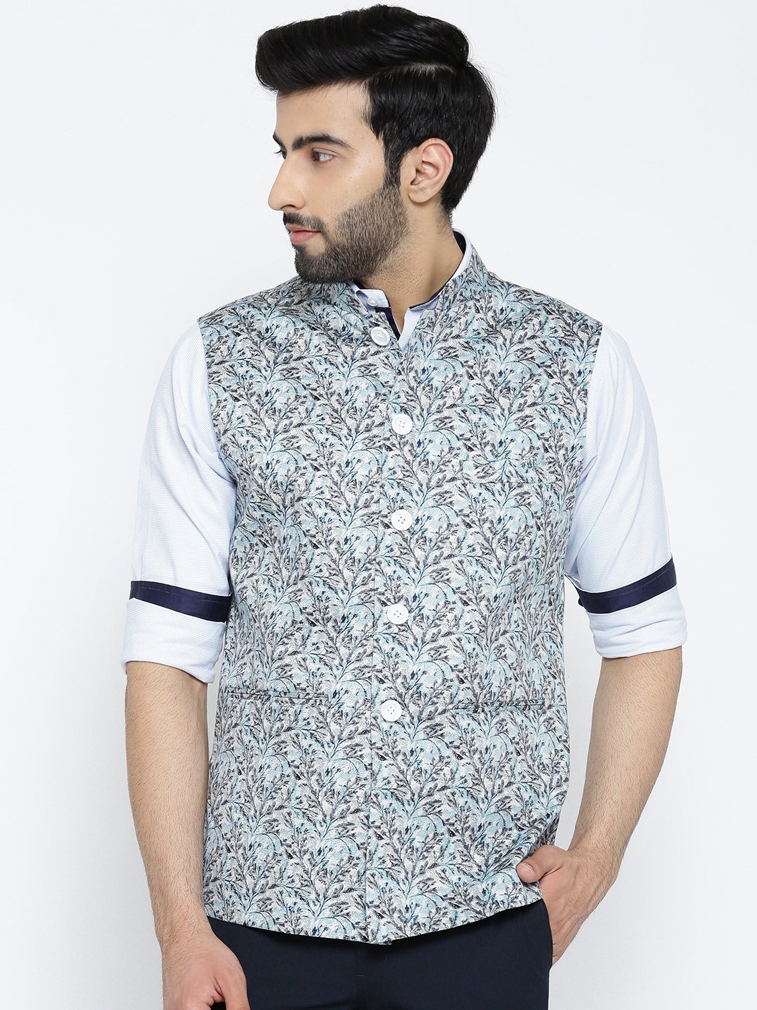

Shaftesbury London Blue & Grey Printed Pure Cotton Nehru Jacket