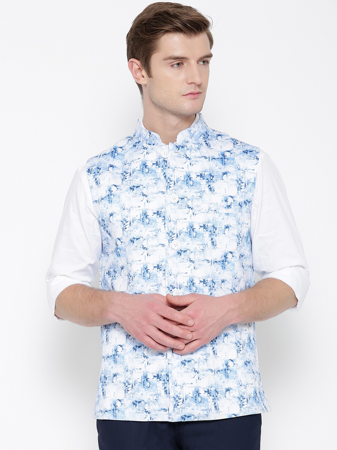 

Shaftesbury London White & Blue Printed Nehru Jacket