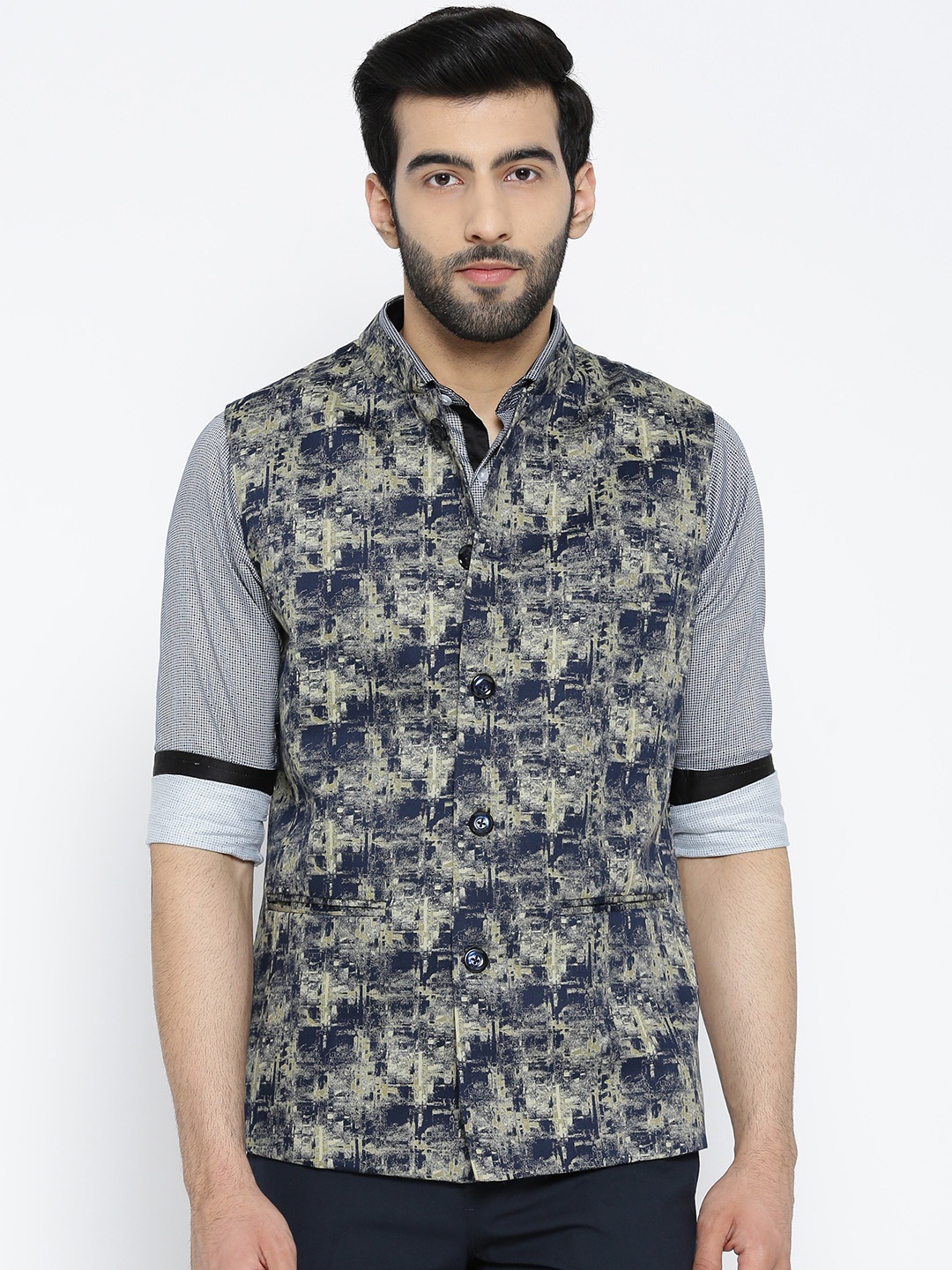 

Shaftesbury London Olive Green & Navy Printed Nehru Jacket