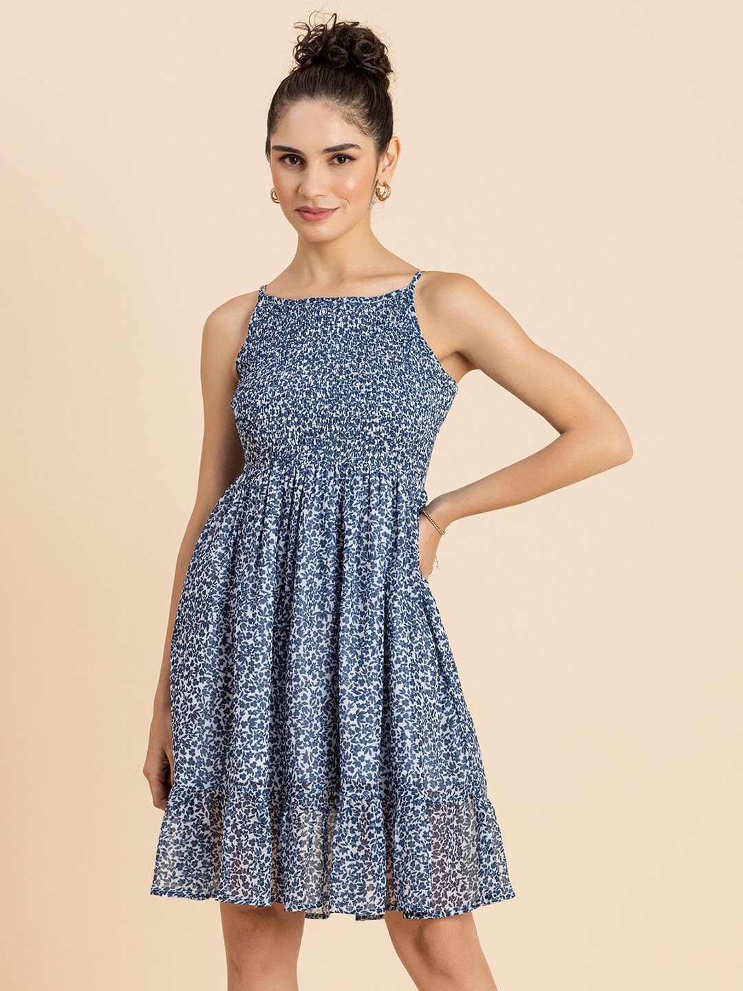 

Moomaya Floral Printed Smocked Georgette Fit & Flare Dress, Blue