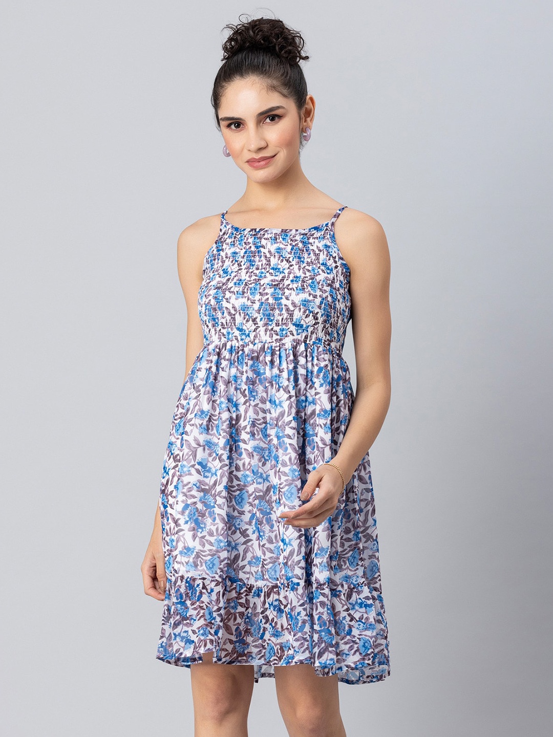 Moomaya Floral Printed Smocked Georgette Fit & Flare Dress, White
