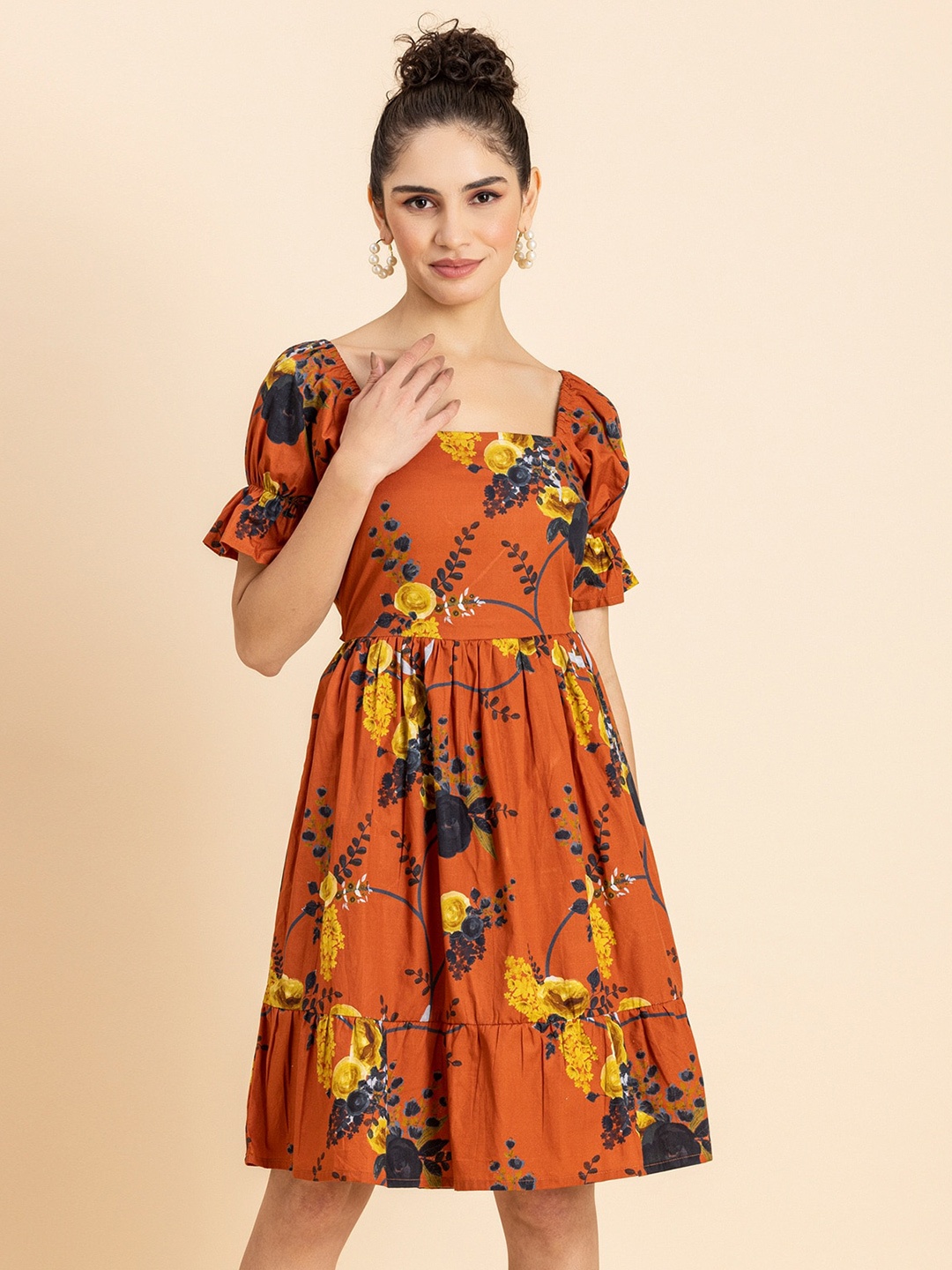 

Moomaya Floral Printed Square Neck Puffed Sleeves Tie-Ups Cotton Fit & Flare Dress, Rust