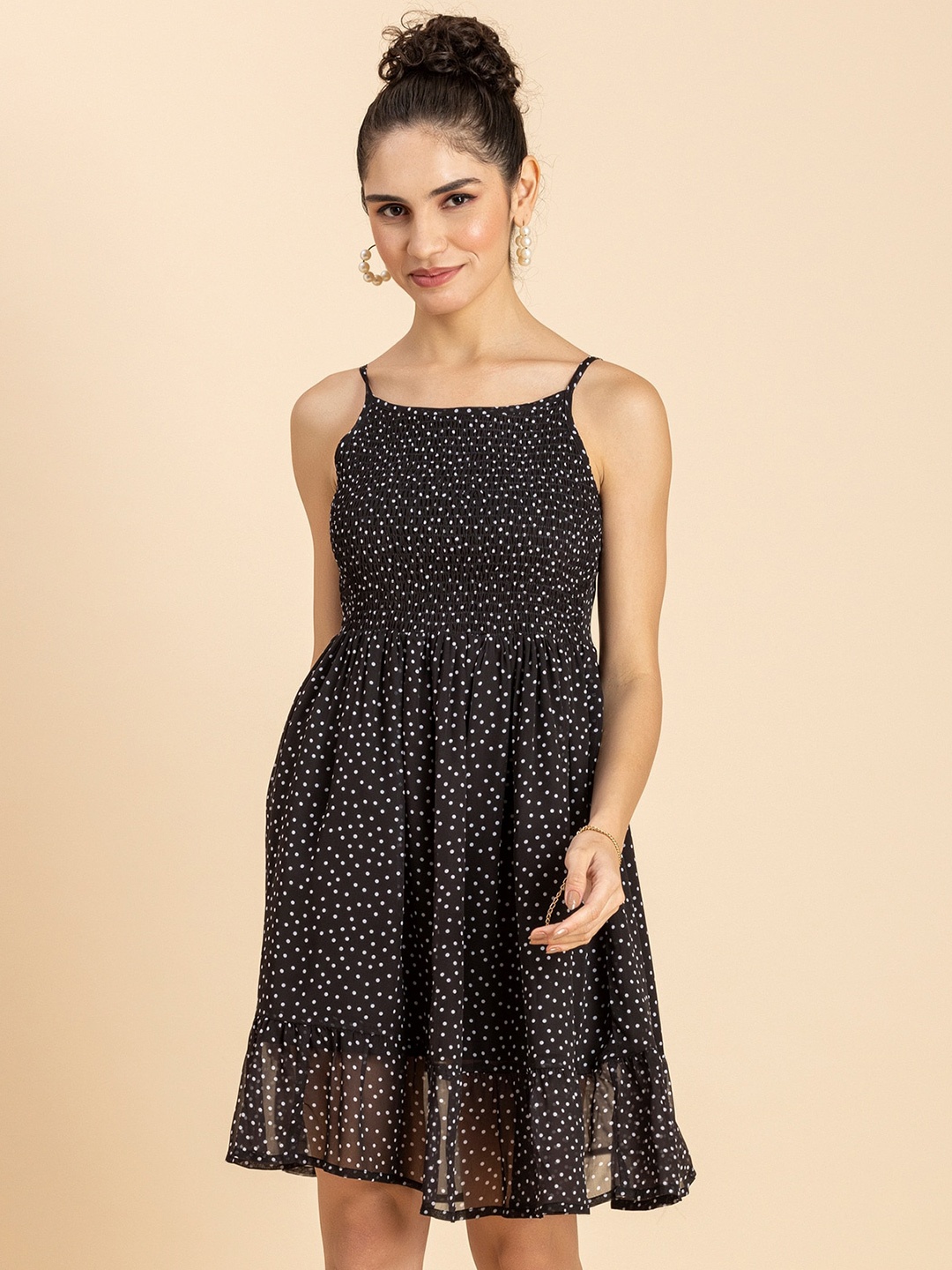 

Moomaya Polka Dot Printed Smocked Georgette Fit & Flare Dress, Black