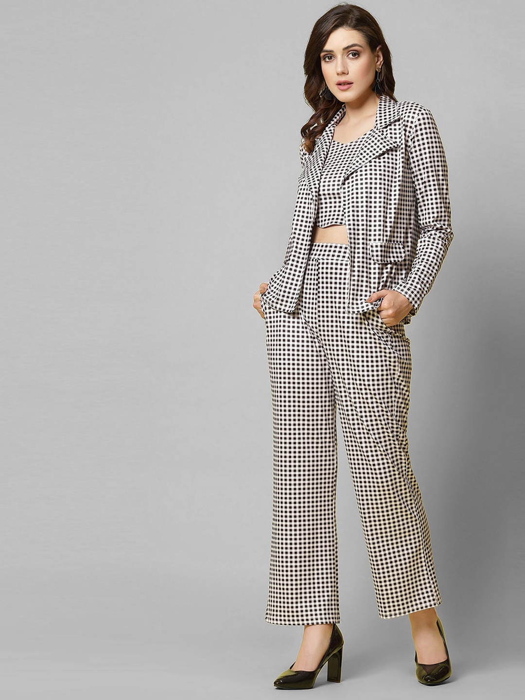 

Selvia Checked Printed Spread Collar Long Sleeve Co-Ords With Jacket, Black