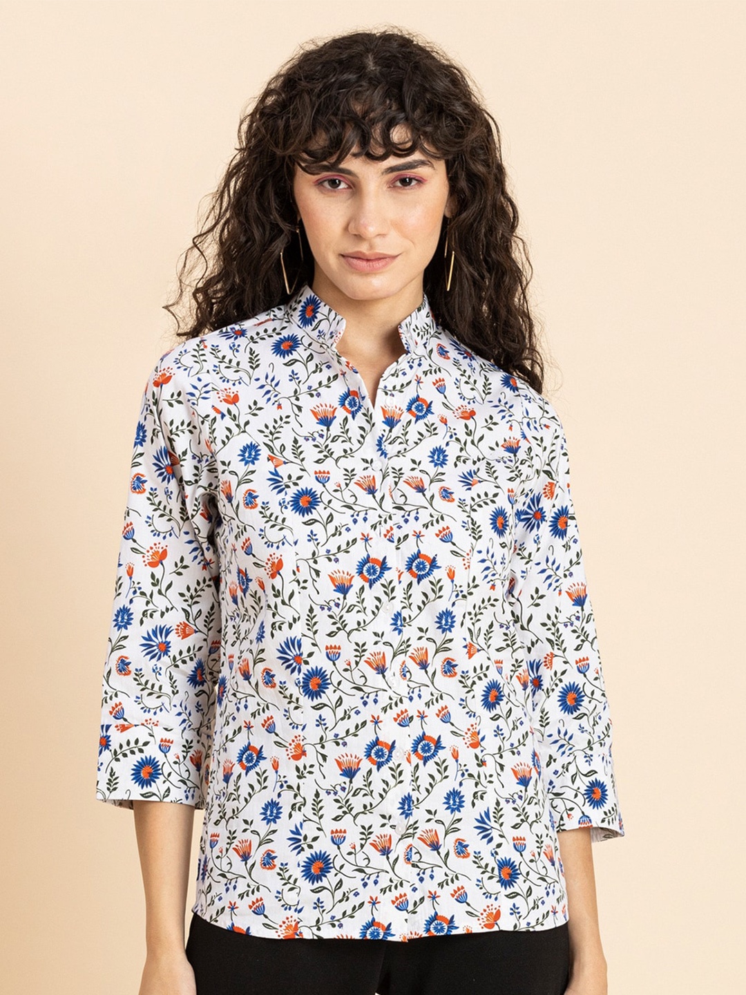 

Moomaya Floral Printed Cotton Shirt Style Top, White