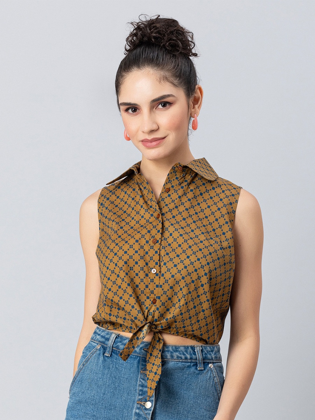 

Moomaya Checked Shirt Collar Cotton Top, Mustard