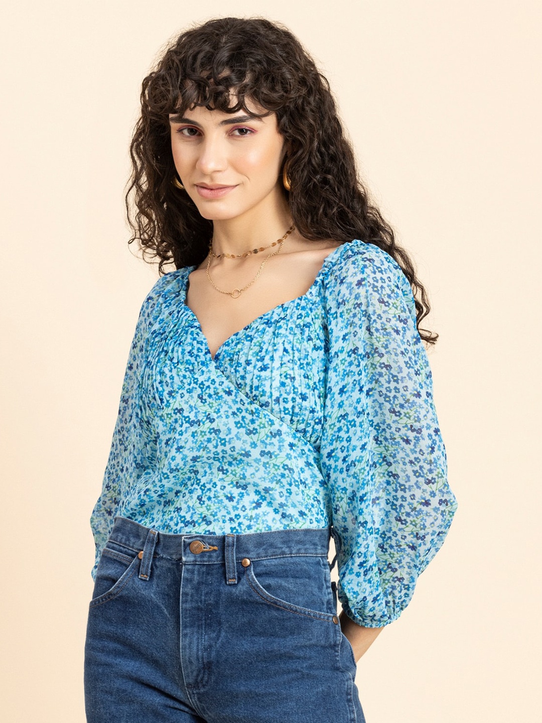 

Moomaya Floral Printed Puff Sleeves Smocked Georgette Top, Blue