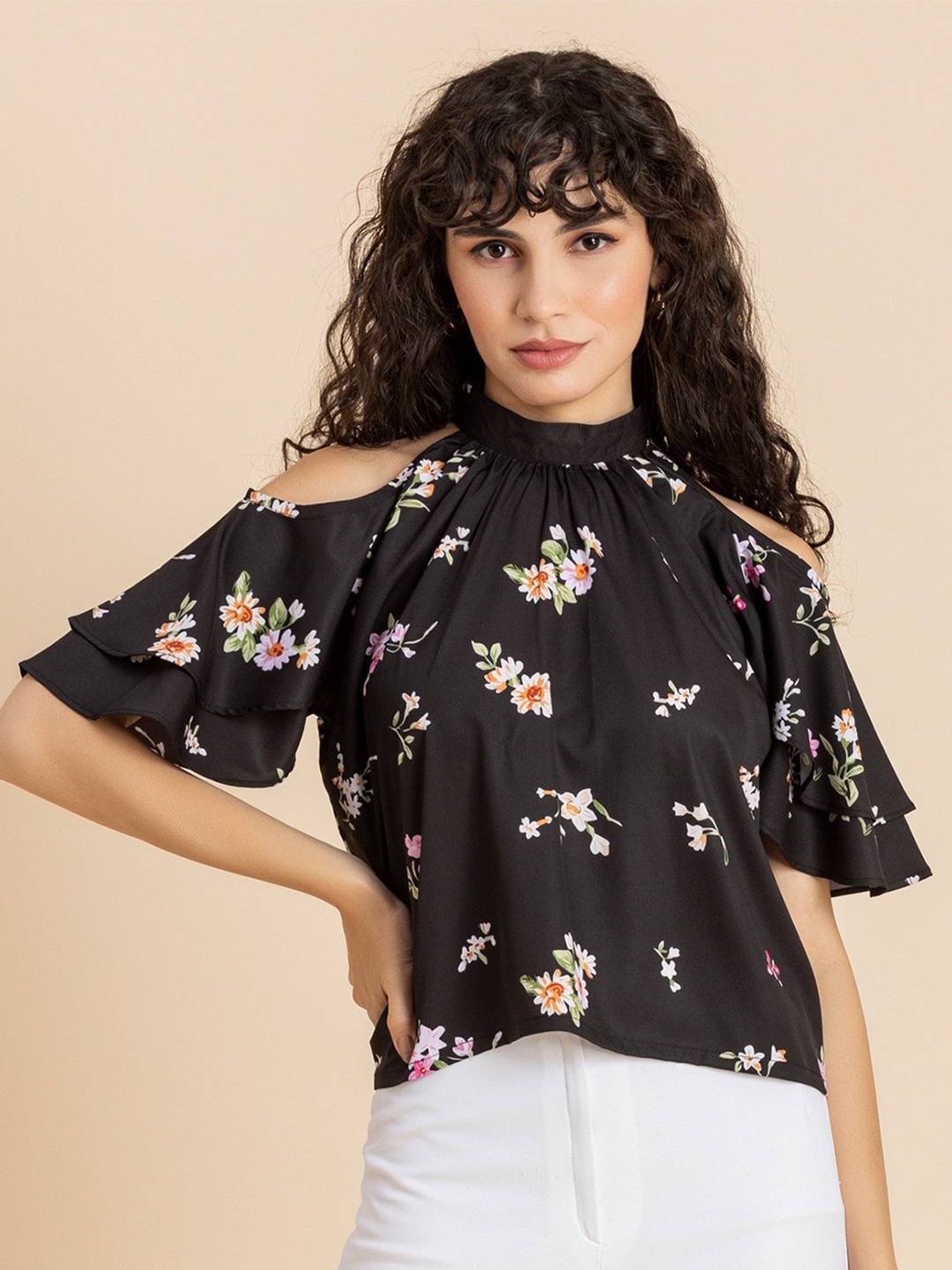 

Moomaya Floral Printed High Neck Cold Shoulder Crepe Top, Black