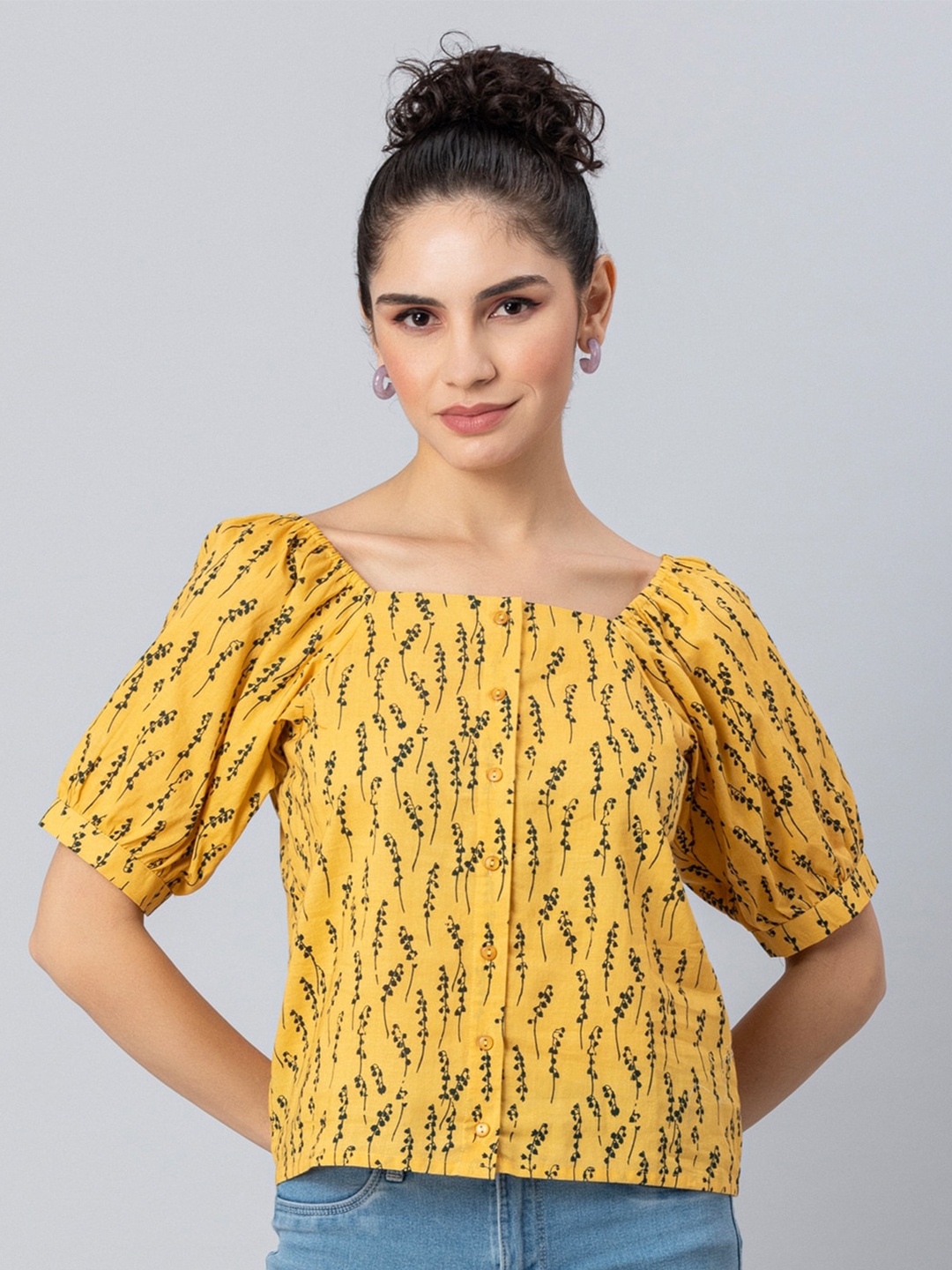 

Moomaya Conversational Printed Puff Sleeve Shirt Style Cotton Top, Yellow