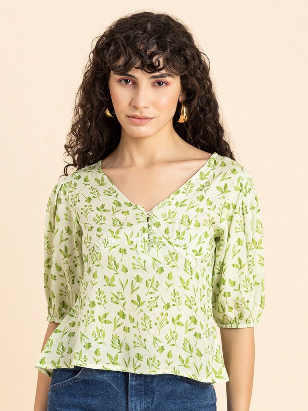 

Moomaya Floral Printed V-Neck Puff Sleeves Top, Green