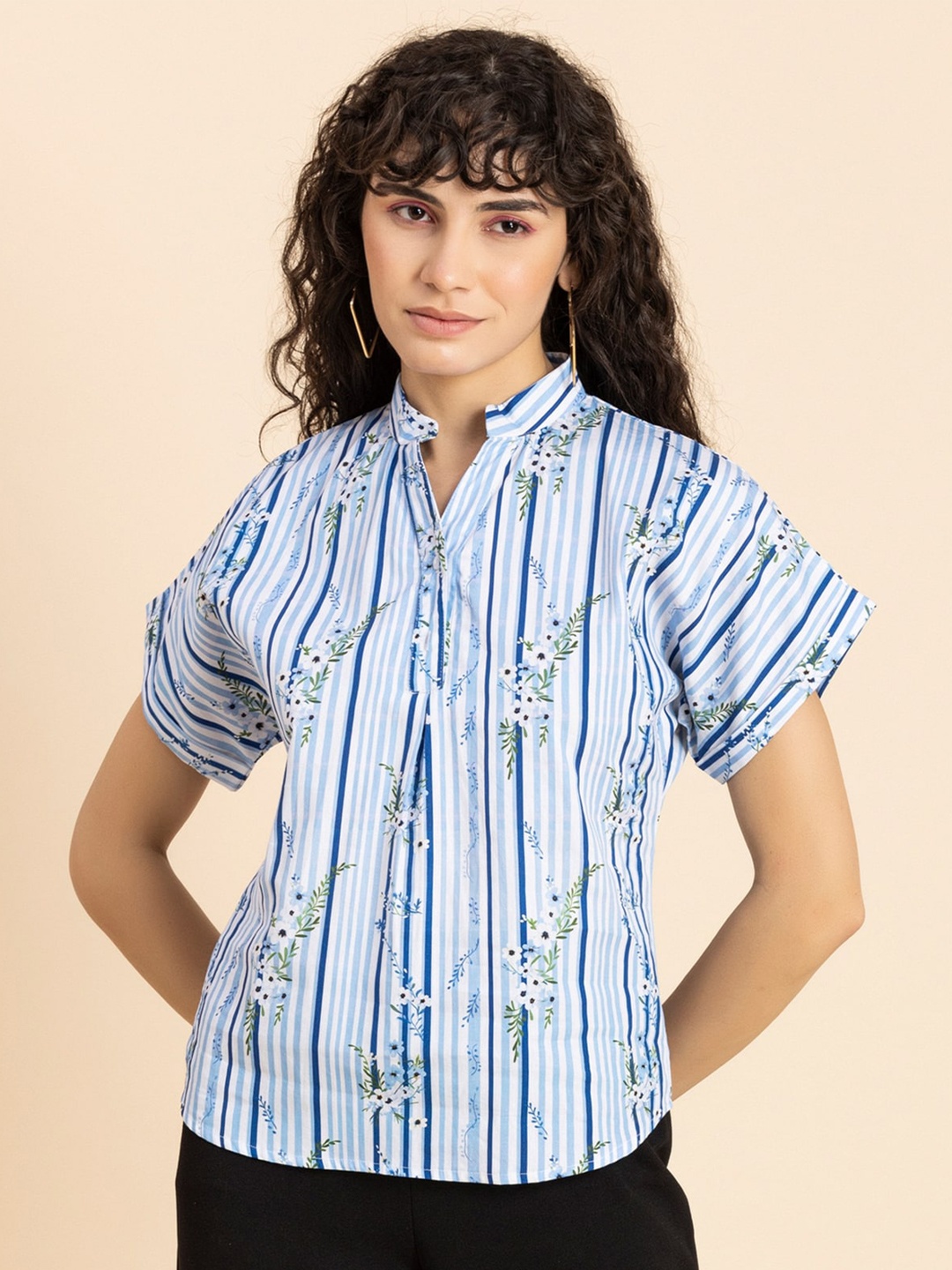 

Moomaya Vertical Striped Mandarin Collar Top, Blue