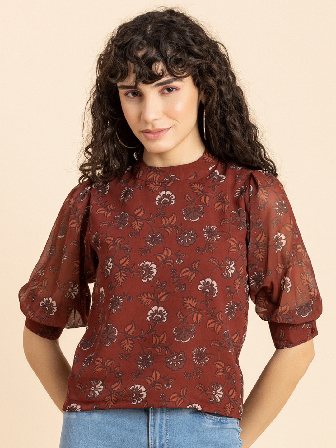 

Moomaya Floral Printed Puff Sleeve Top, Rust
