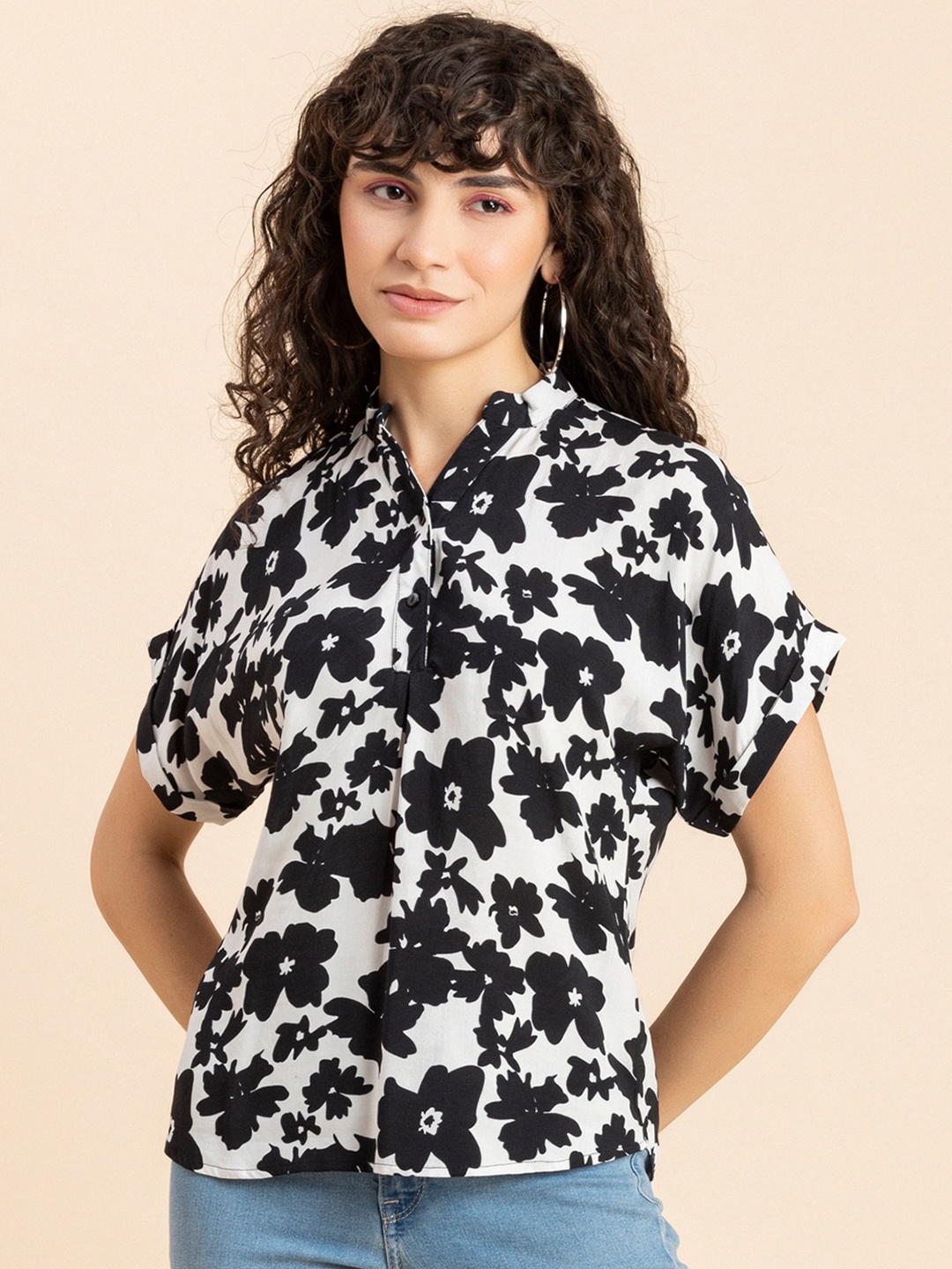 

Moomaya Floral Printed Extended Sleeves Shirt Style Top, Black