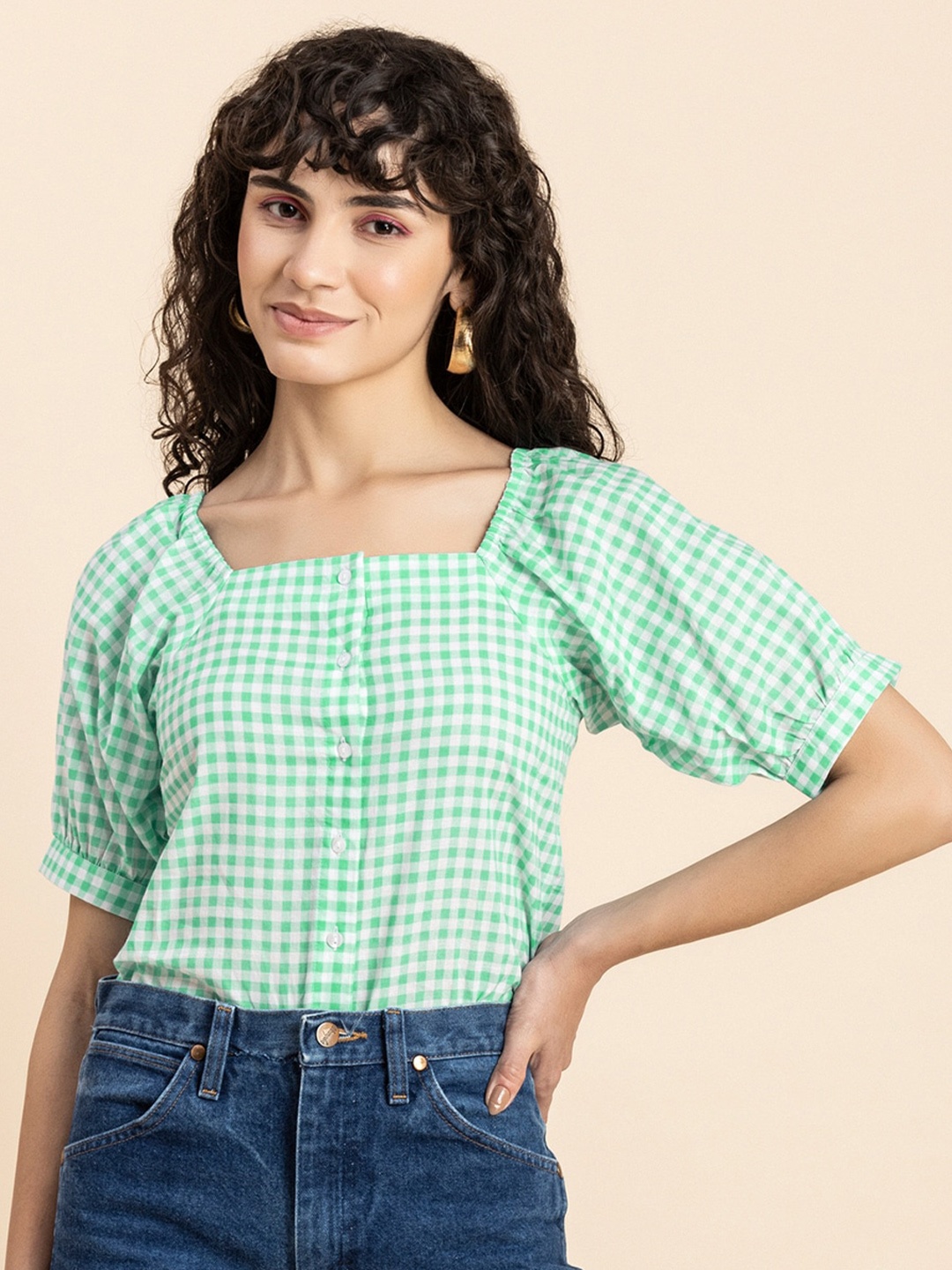 

Moomaya Checked Square Neck Cotton Top, Green