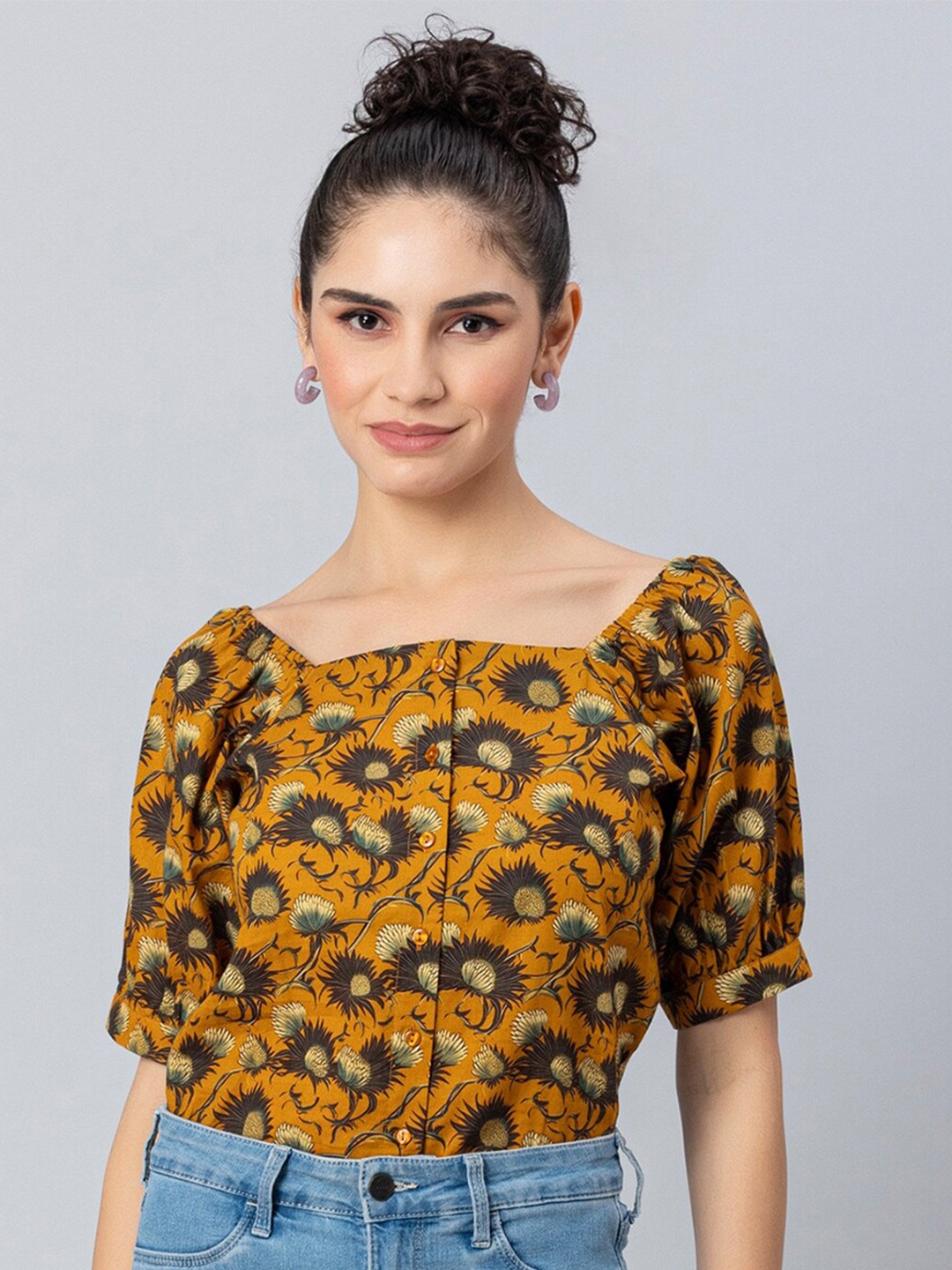 

Moomaya Floral Printed Square Neck Puff Sleeve Cotton Top, Mustard