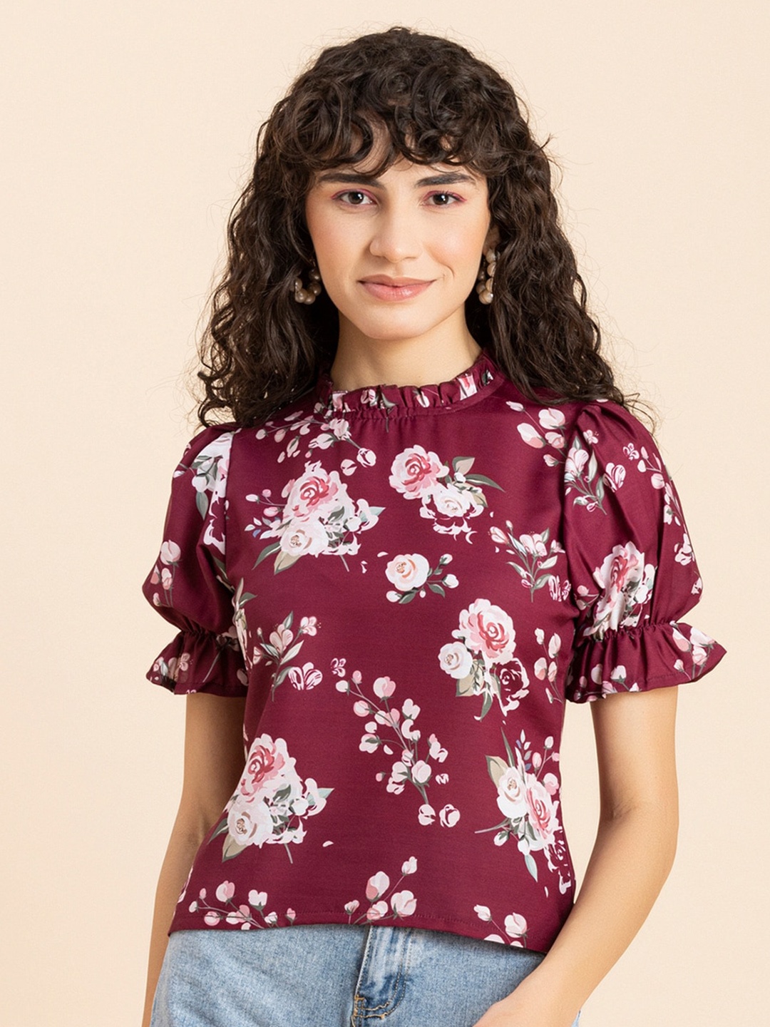 

Moomaya Floral Printed Puff Sleeves Ruffles Top, Magenta