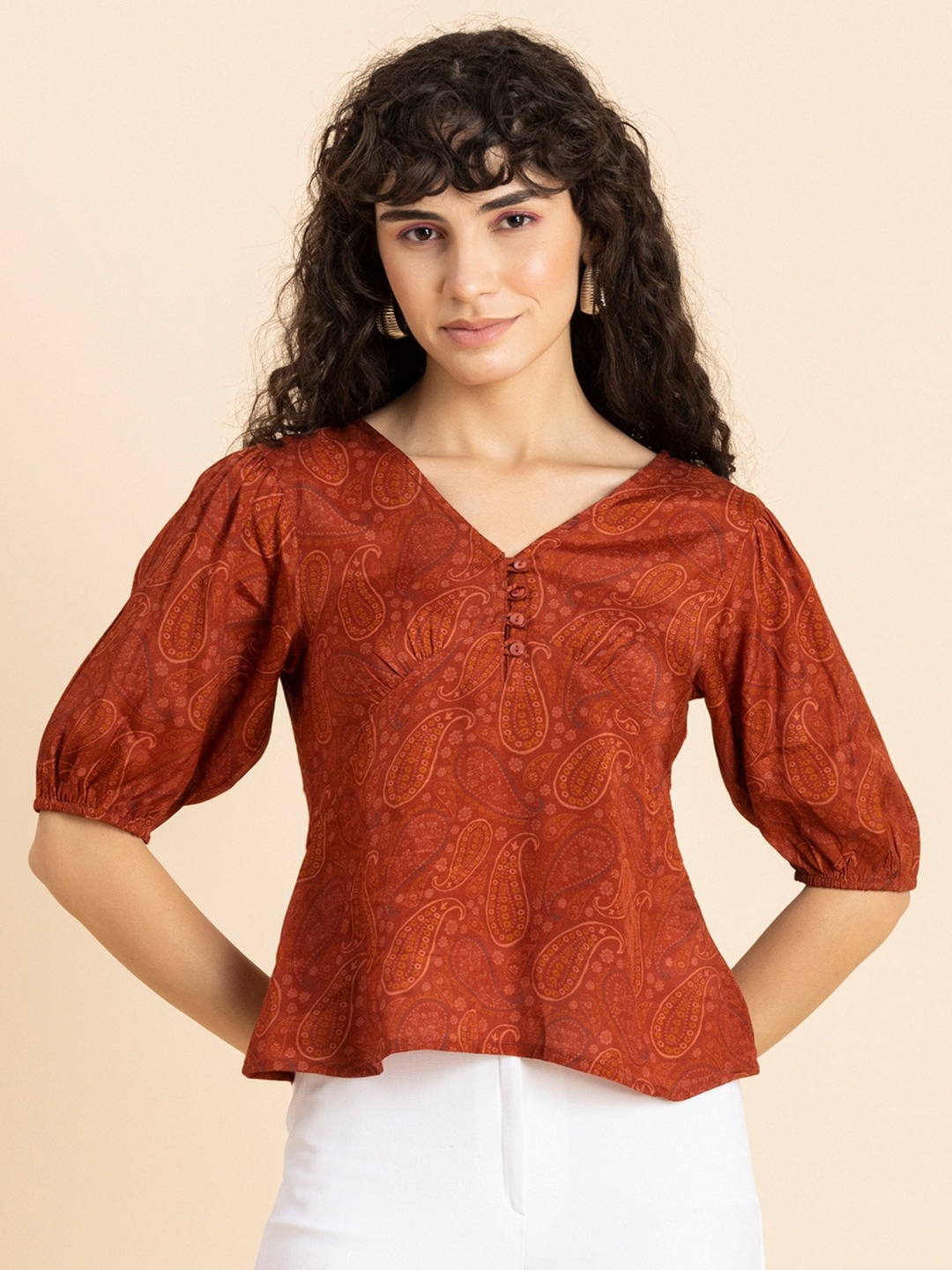 

Moomaya Ethnic Motifs Printed Puff Sleeve Empire Top, Brown