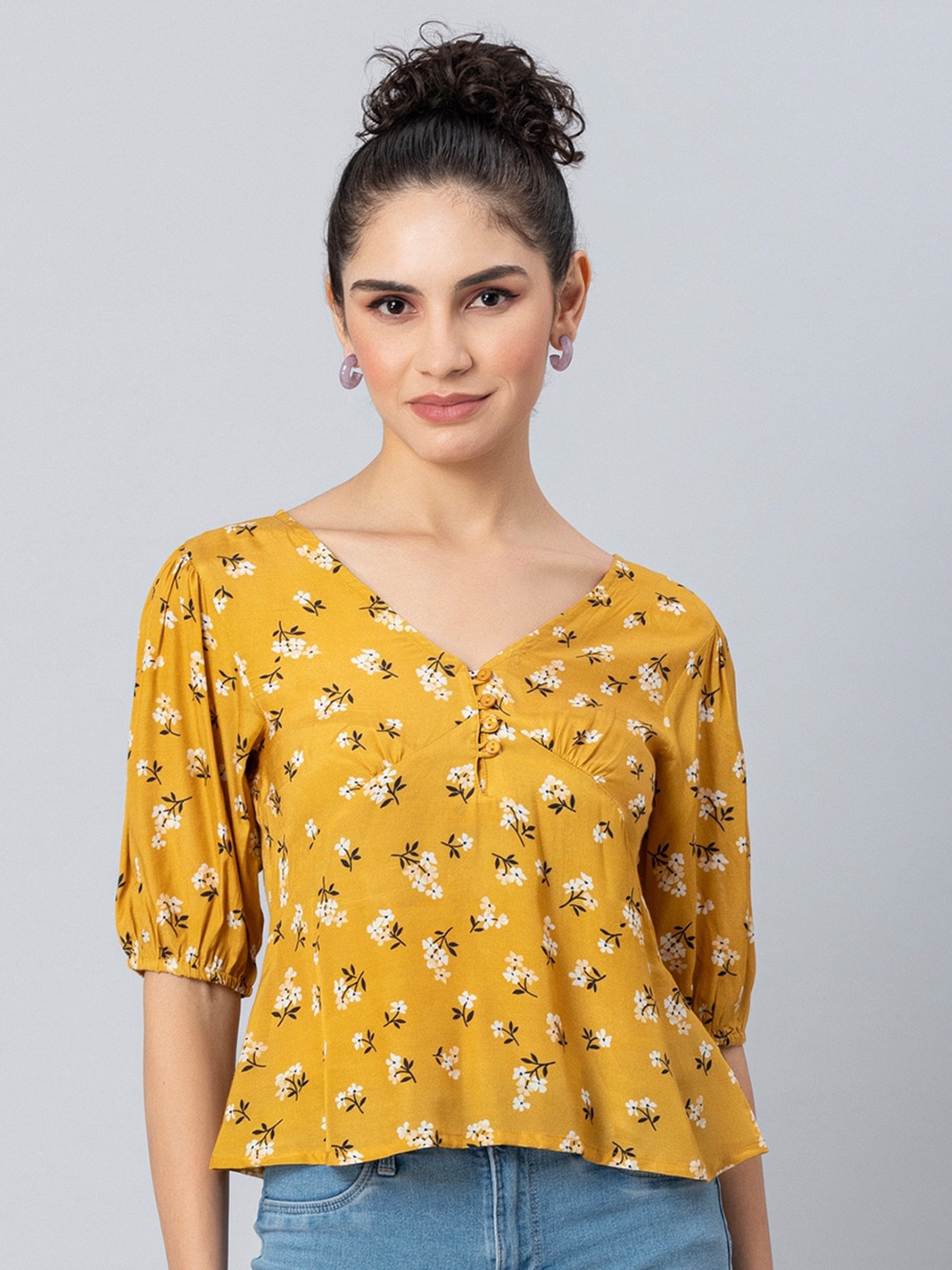 

Moomaya Floral Printed V-Neck Empire Top, Yellow